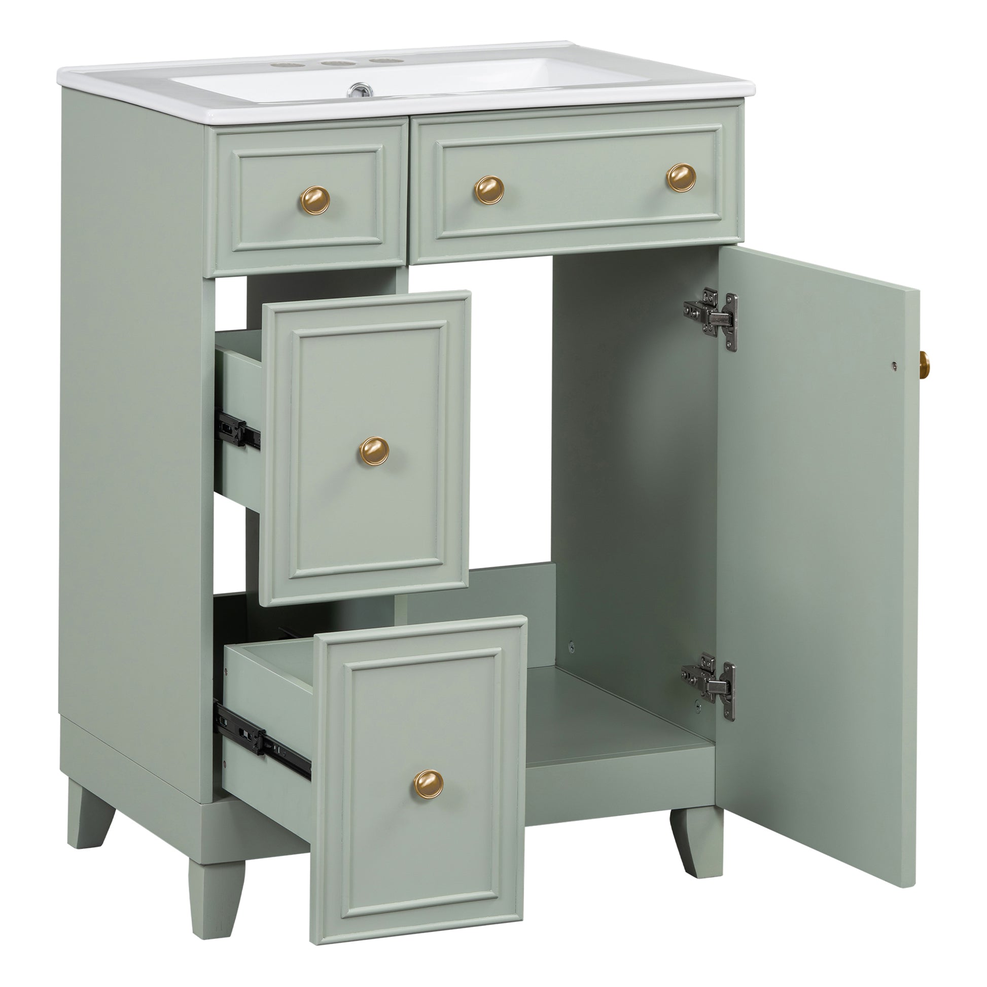 24 Inch Bathroom Vanity Cabinet With Ceramic Sink, 2 Drawers, 1 Door Green Bathroom Solid Wood Mdf