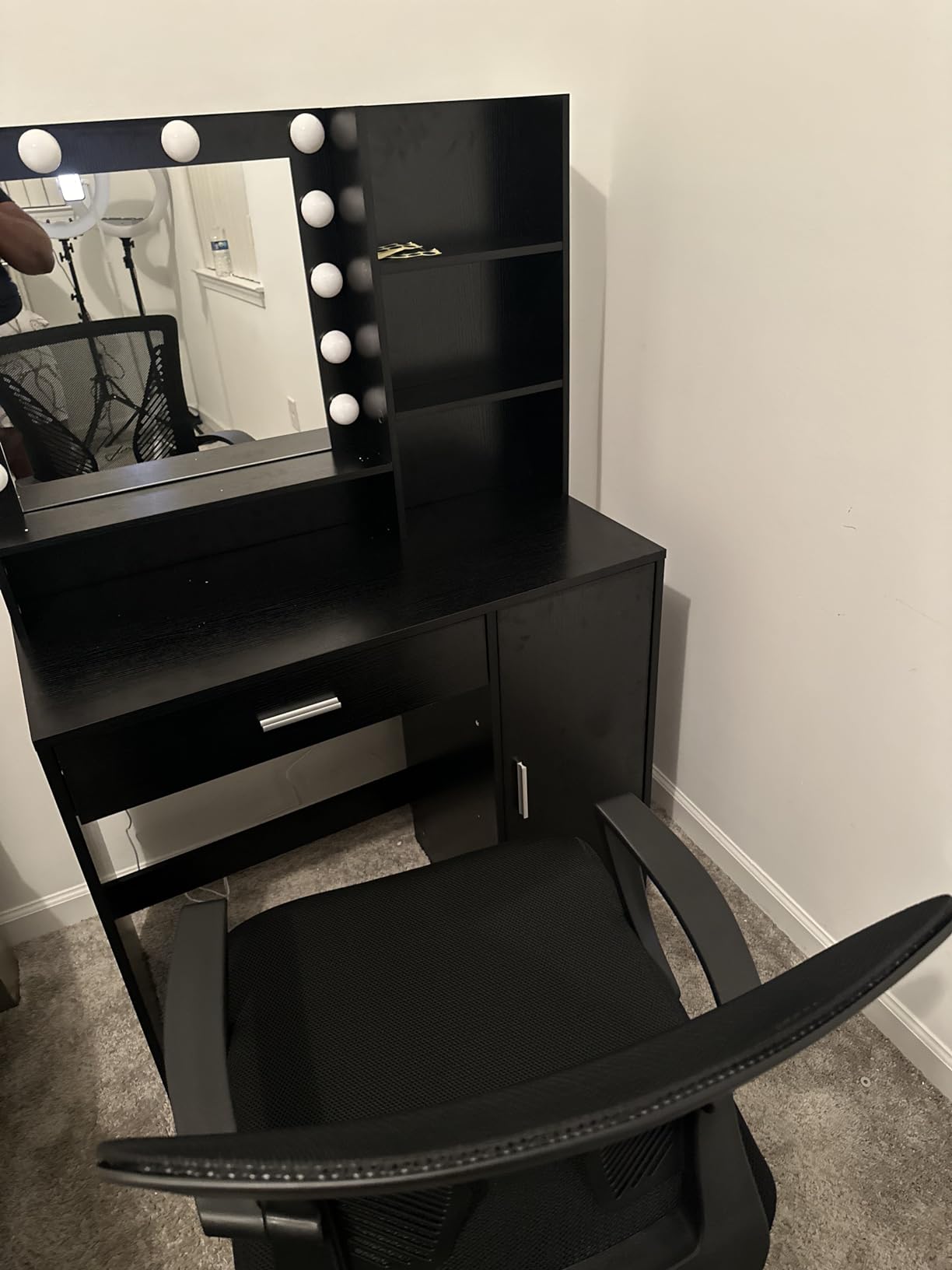 Vanity Desk With Mirror & Light, Large Drawer Three Level Storage Dresser, 3 Lighting Modes Adjustable Brightness, Bedroom Dressing Table Black Black Particle Board