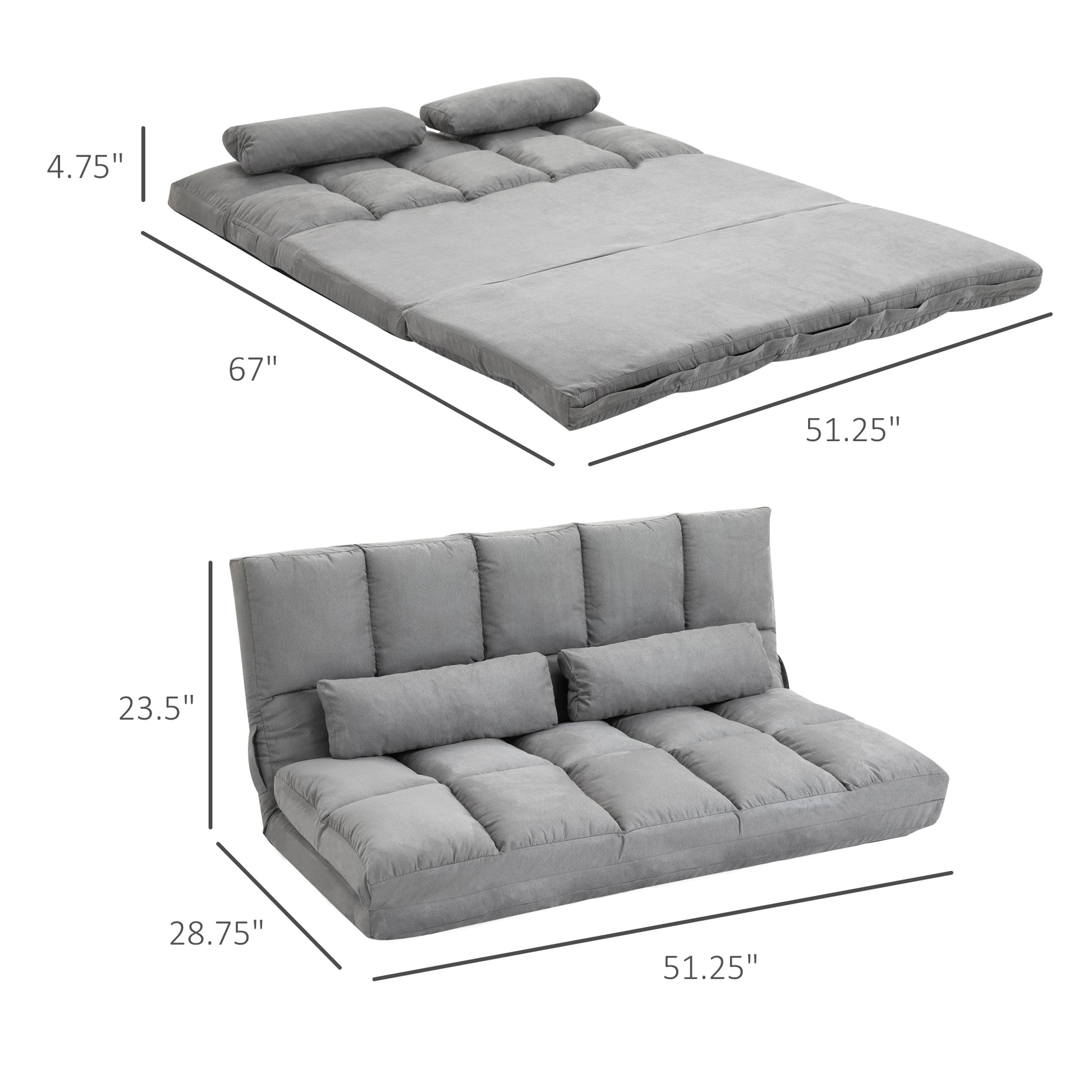 Homcom Convertible Floor Sofa Chair, Folding Couch Bed, Guest Chaise Lounge With 2 Pillows, Adjustable Backrest And Headrest, 51.25" L, Light Gray Light Gray Polyester