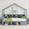 Twin Size Wooden House Bed With Shelves And A Mini Cabinet, Gray Twin Box Spring Not Required Gray Wood Bedroom Pine Bed Frame Wood