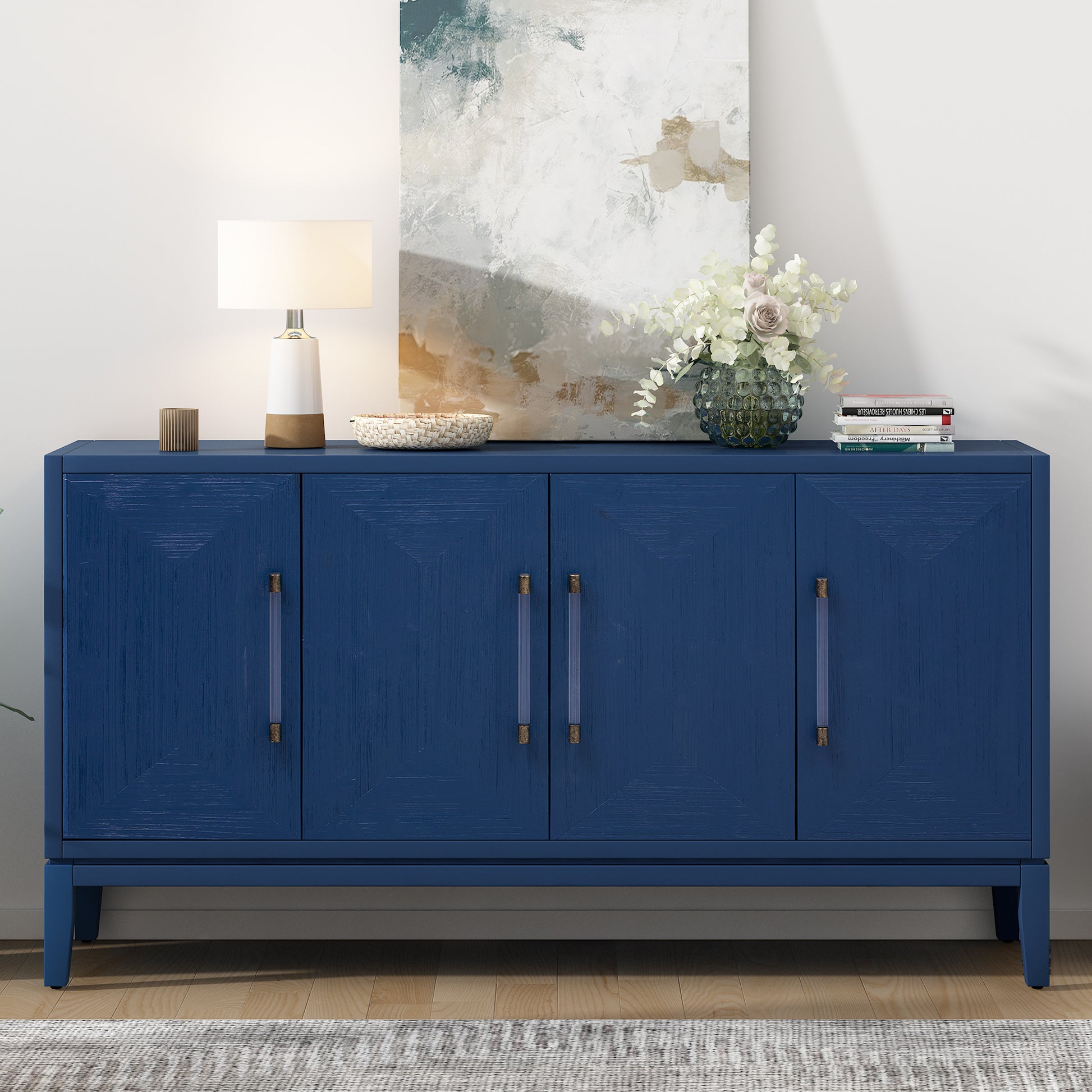 Versatile Four Door Sideboard With Brushed Doors And Fir Veneer,Featuring Elegant Handles,Perfect For Various Spaces. Navy Blue American Design Mdf