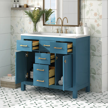 36'' Bathroon Vanity With Resin Sink Combo Set,Modern Freestanding Single Bathroom Cabinet With 4 Drawers & 2 Cabinets,Storage Cabinet For Bathroom, Solid Wood Frame Vanity Set Same As Sw000130Aac