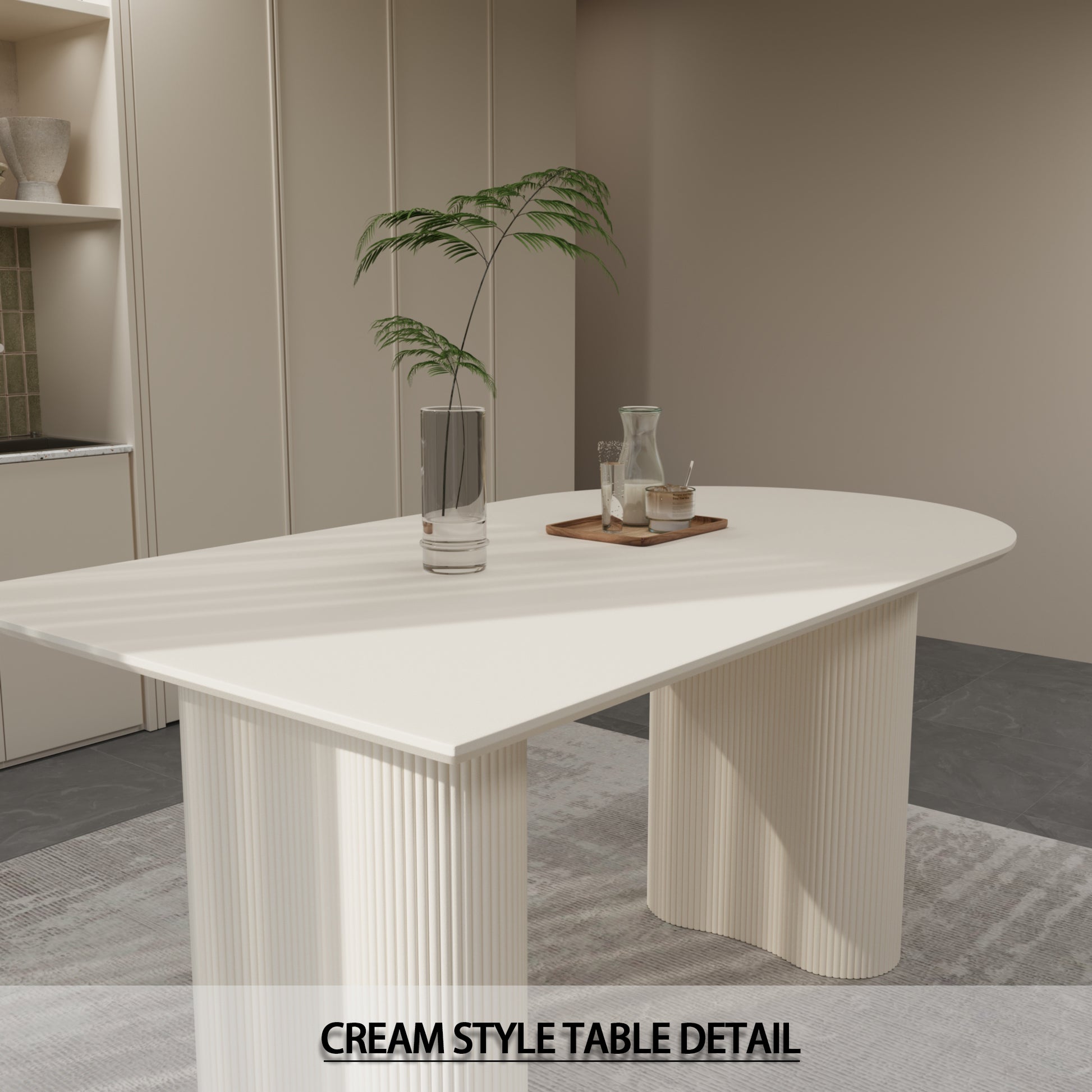 63 "Mdf Cream Style Coffee Table And Modern Dining Chair 4 Piece Set, Modern Fashion Kitchen Table Set, Round Wave Table Legs, Dining Table And Linen Chair Beige White Mdf