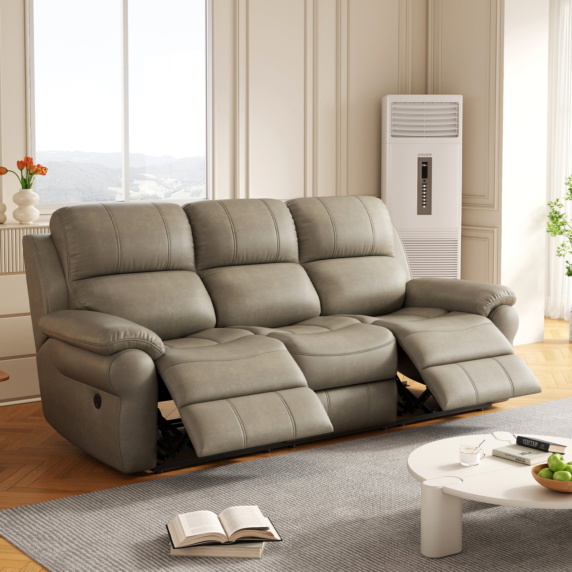 Fabric Power Reclining Sofa With Drop Down Table,Usb Button And Wireless Charger Khaki Khaki Primary Living Space Tech Cloth 3 Seat