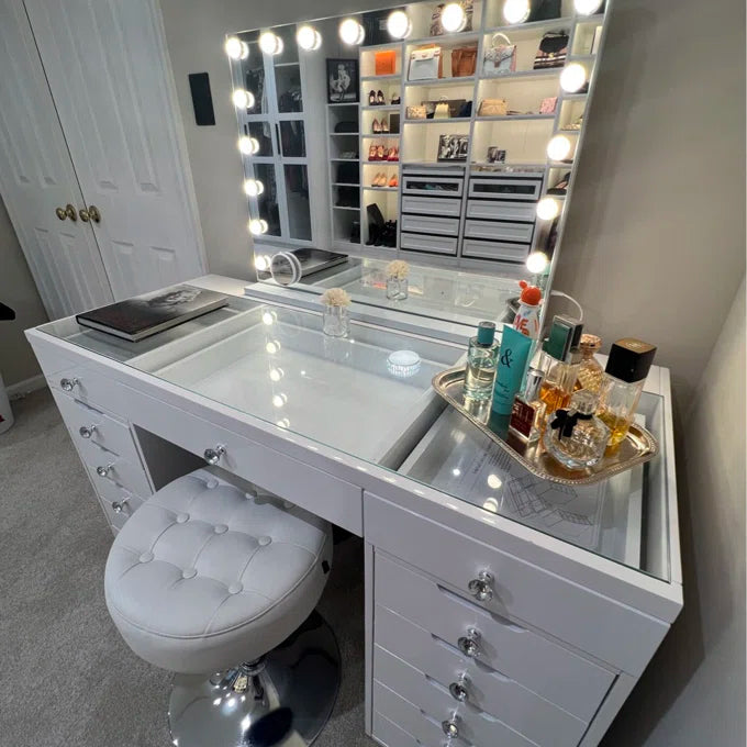 High Gloss White 13 Drawers Makeup Vanities Gloss White 5 Drawers & Above Modern White Mdf Glass