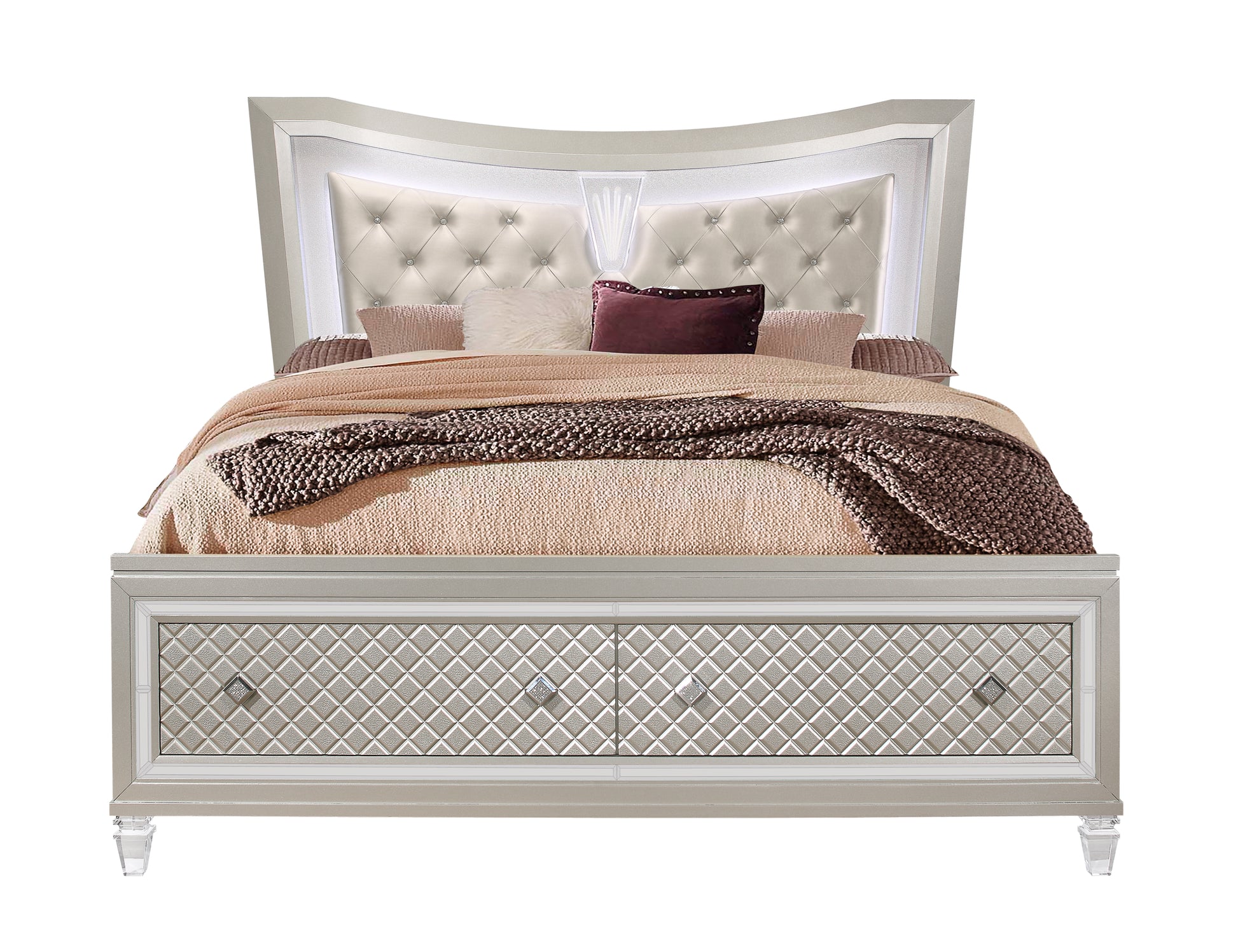 Cross Glam Champagne King Bed With Led Champagne Solid Wood Mdf