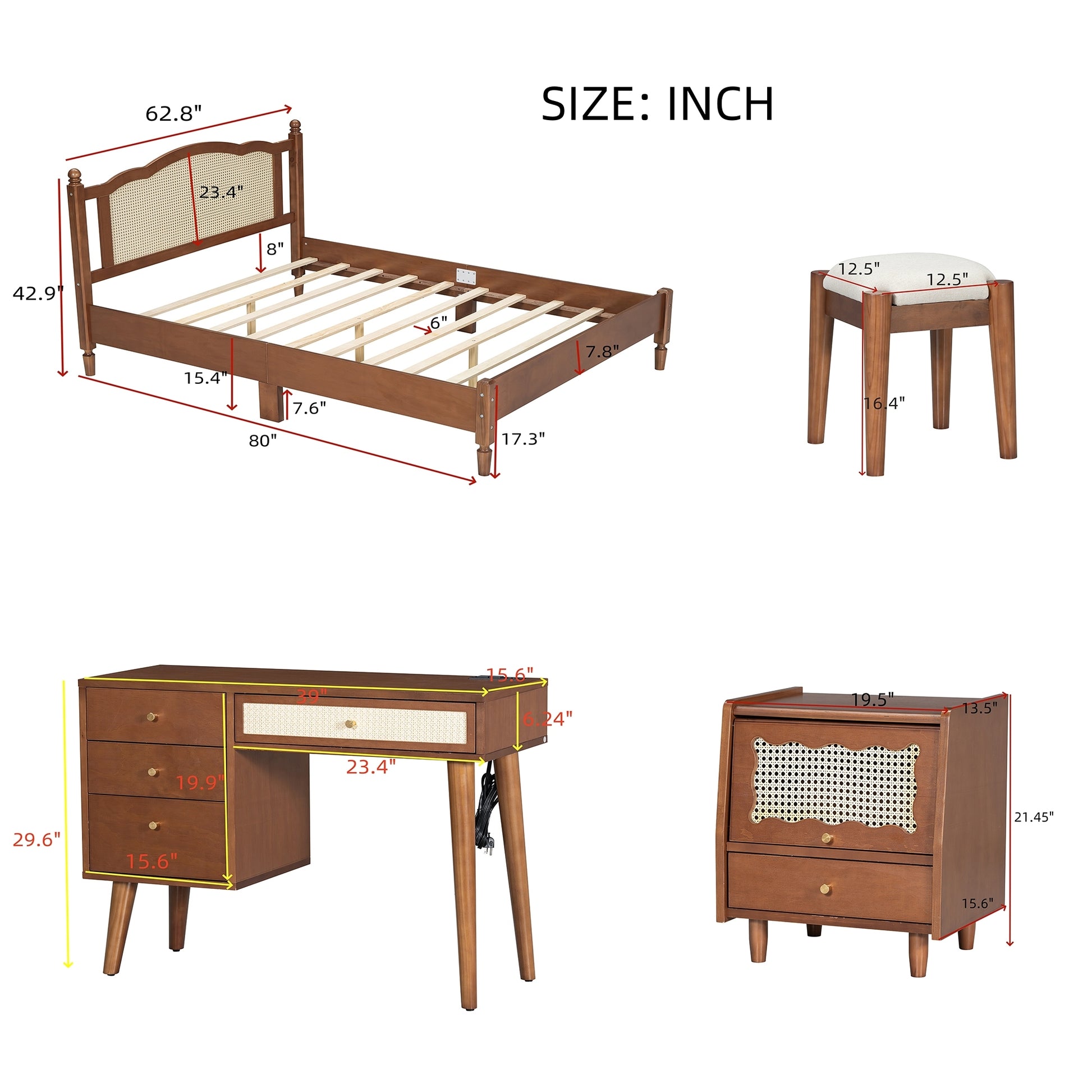 3 Pieces Bedroom Set With Queen Size Wooden Bed Frame, 1 Vintage Nightstand And 1 Makeup Vanity Set With Stool,Walnut Expected Arrival Time: 08.23 Queen Walnut 3 Piece Set Wood