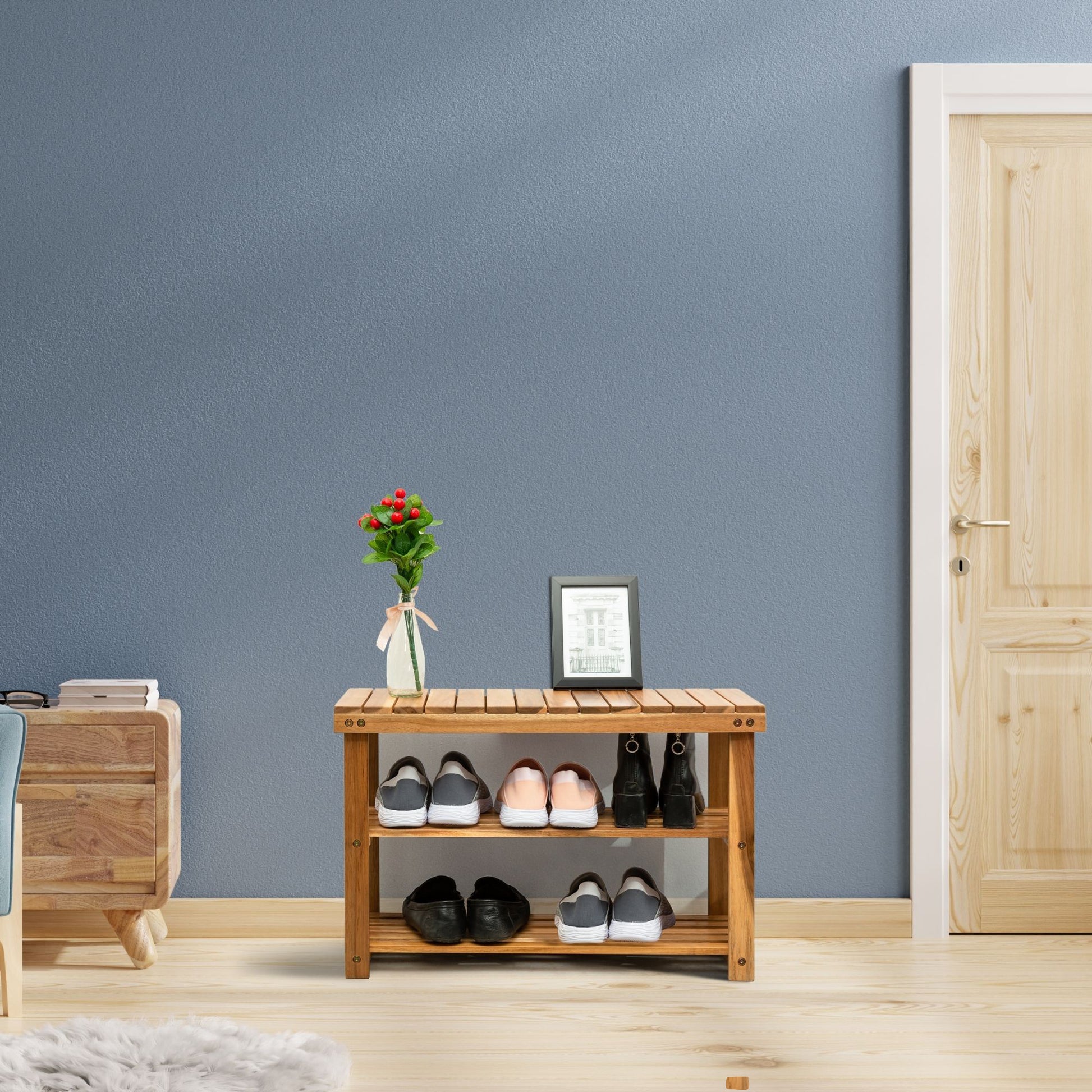 Acacia Wood Shoe Rack Bench Strong Weight Bearing Upto 200 Lbs Best Ideas For Entryway Frontdoor Bathroom, Natural Color. Acacia Wood Light Brown Primary Living Space American Design,American Traditional Acacia Acacia Wood