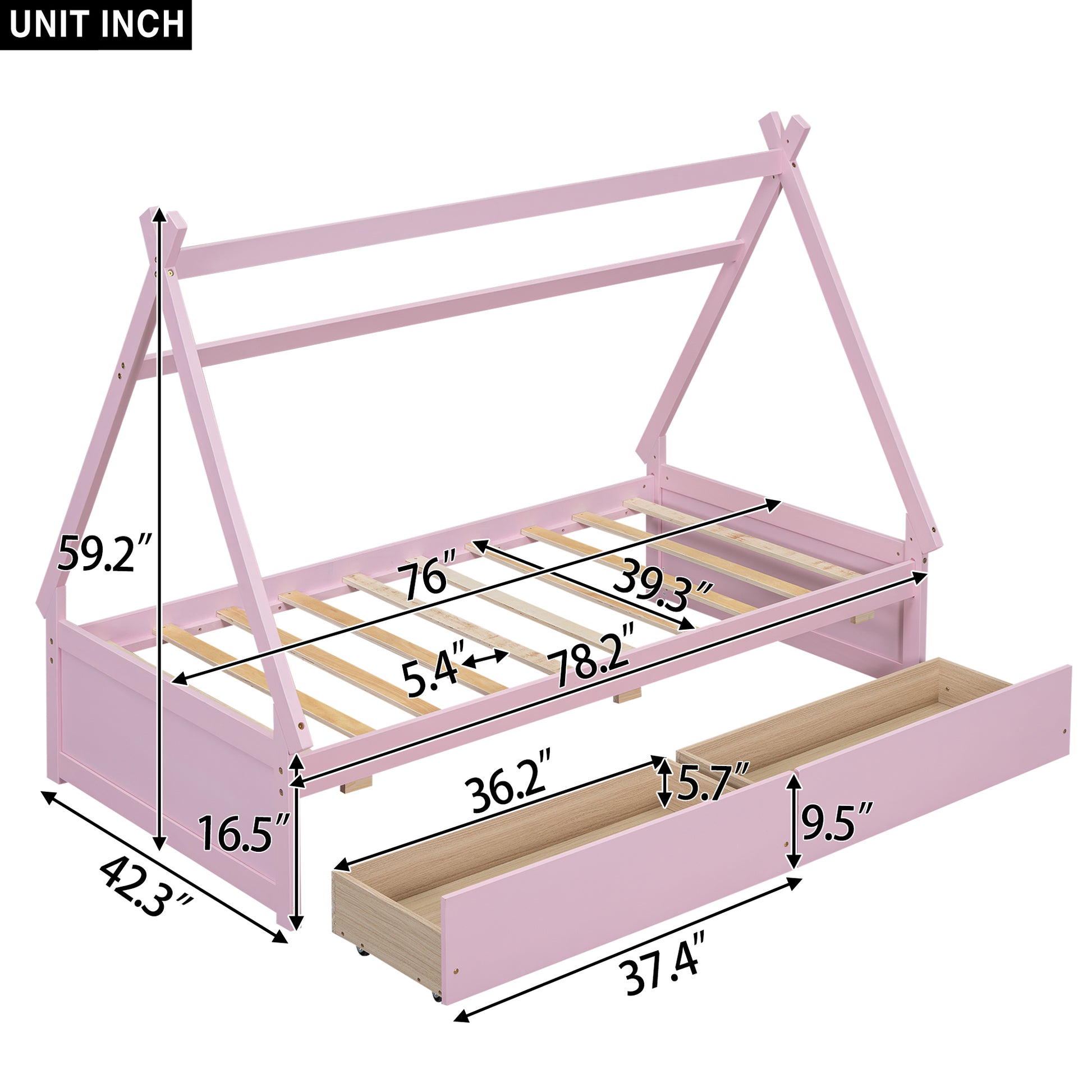 Twin Size House Platform Bed With Two Drawers,Headboard And Footboard, Pink Twin Pink Pine