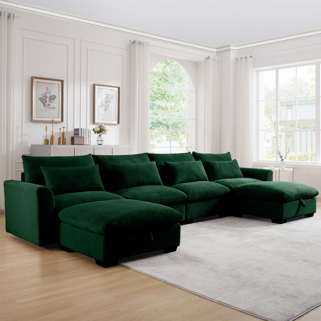 Big Deep Seat U Shaped Corduroy Sectional Couches For Living Room, 4 Seater Sofa Couch With 2 Storage Footstool And 4 Waist Pillows Corduroy, Green Green Corduroy 4 Seat