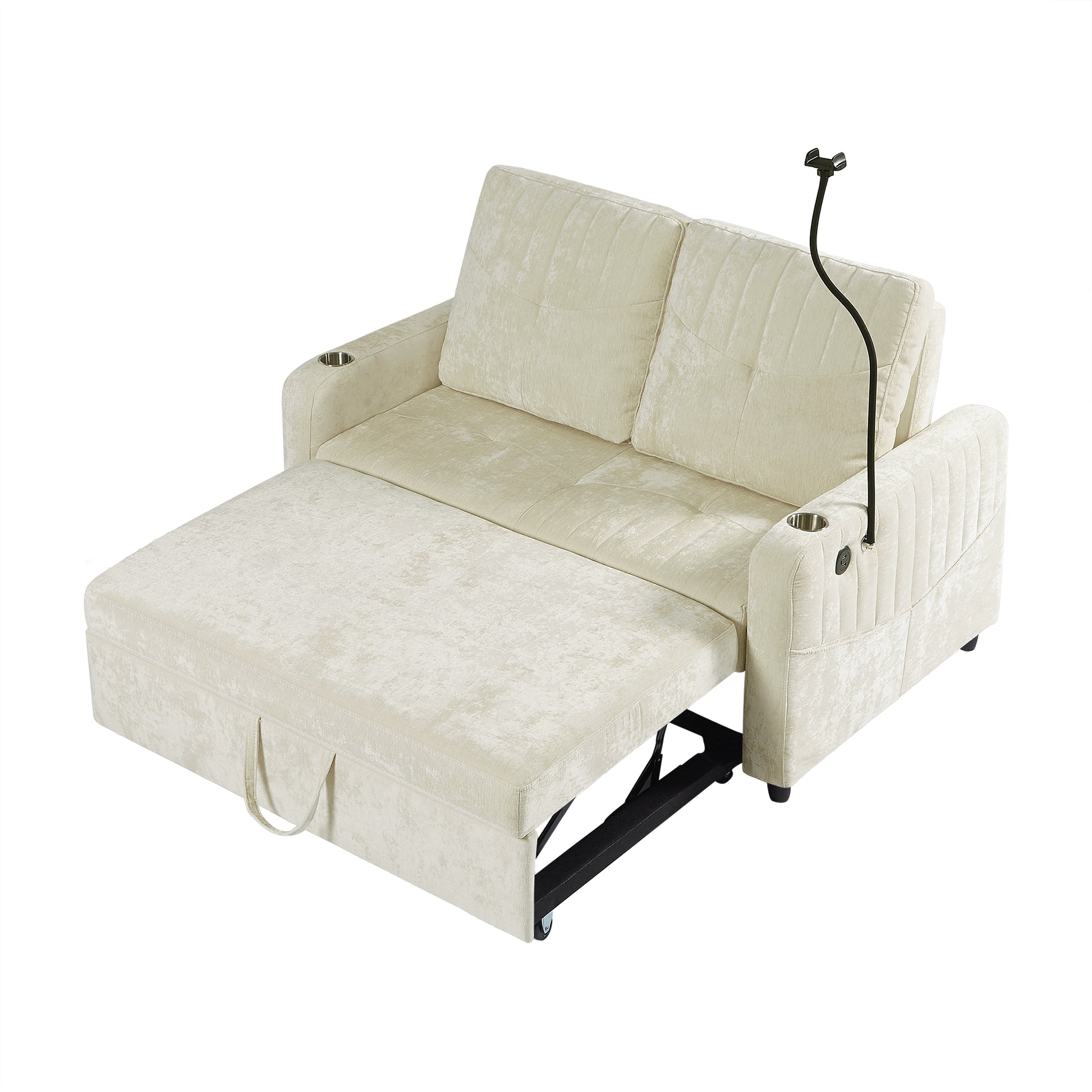 53.9" Modern Loveseat Pull Out Sofa Bed With Adjustable Backrest, Two Cup Holdersa Phone Holder, Three Charging Ports And Side Storage Pockets For Living Room, Beige Beige Foam Chenille