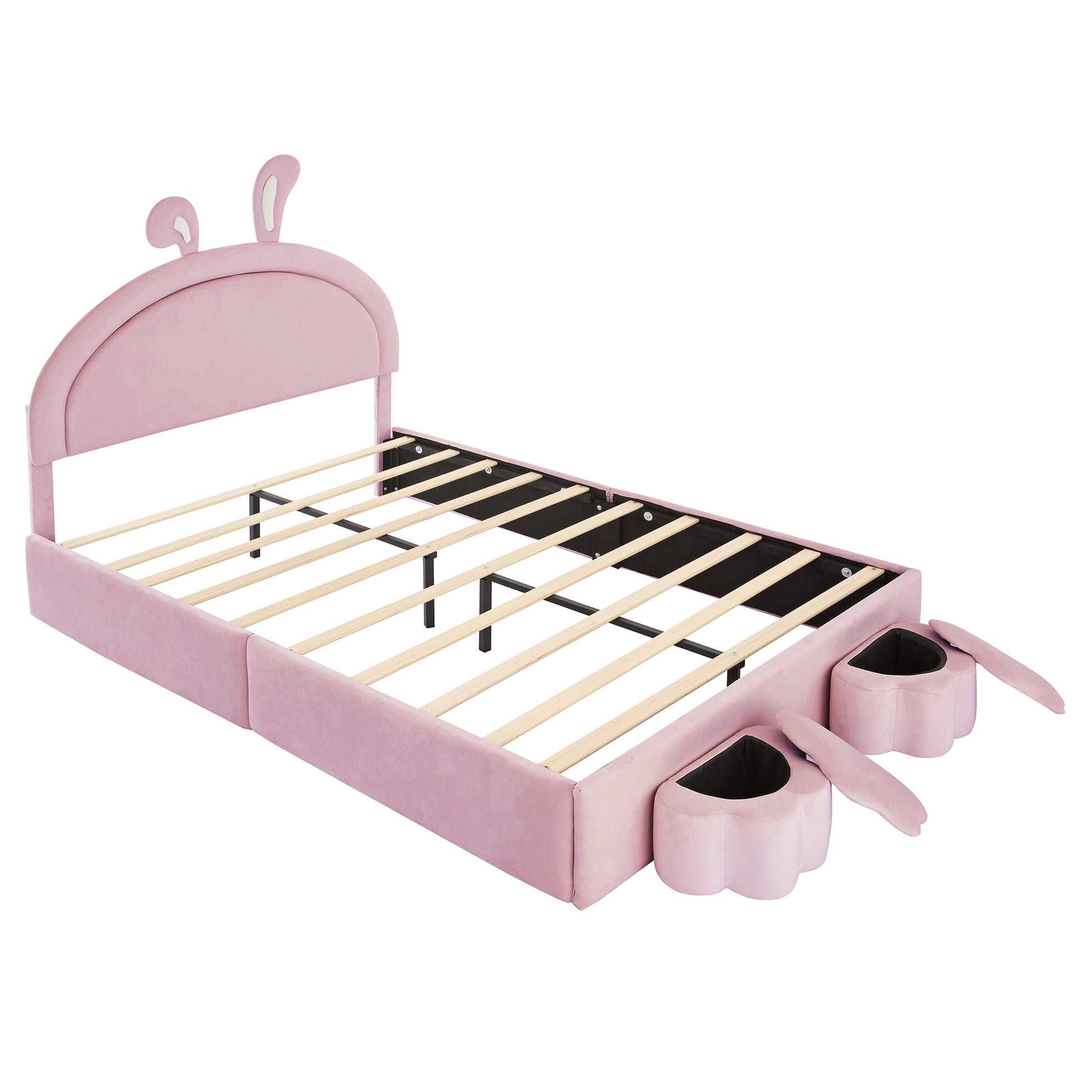 Full Size Upholstered Rabbit Shape Bed With 2 Storage Stools, Velvet Platform Bed With Cartoon Ears Shaped Headboard, Pink Full Pink Wood