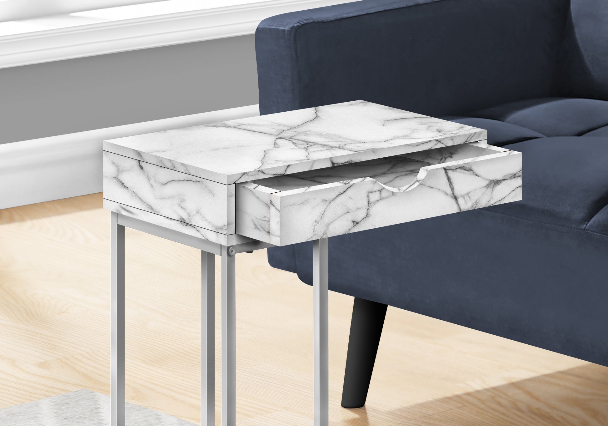 Accent Table, C Shaped, End, Side, Snack, Storage Drawer, Living Room, Bedroom, White Marble Look Laminate, Grey Metal, Contemporary, Modern White Particle Board