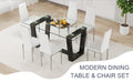 Table And Chair Set.A Rectangular Dining Table Features With Tempered Glass Top And Sleek Black Mdf Stand.Paried With 6 Pu Chairs With Checkered Armless High Back And Electroplated Metal Legs. Transparent,White Seats 6 Mdf Glass