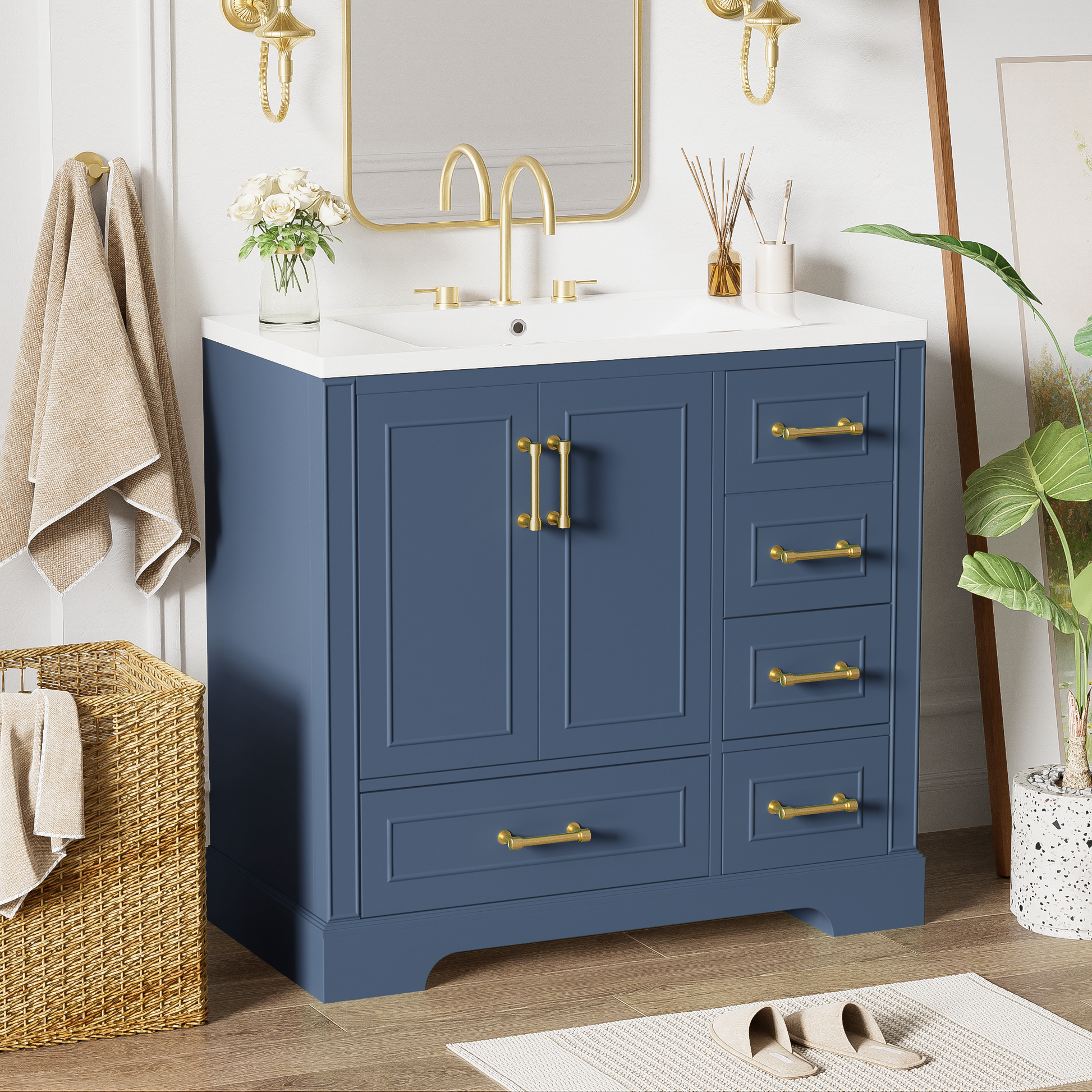 36 Inch Traditional Bathroom Vanity With Resin Sink Combo Set, Blue Bathroom Cabinet With Two Doors And Four Drawers Blue Bathroom Solid Wood Mdf Resin