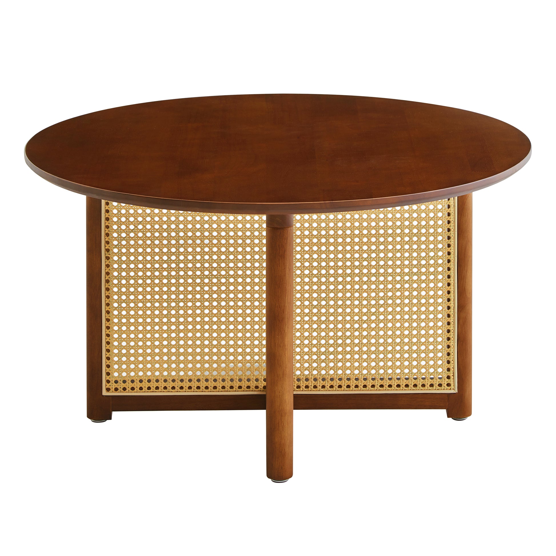 Mid Century Wooden Coffee Table With Pe Cane Stand, 31.5 Inch Round Solid Wood Bohemian Style Coffee Table, Unique Central Cocktail Table For Living Rooms, Apartments And Offices Walnut Rubber Wood