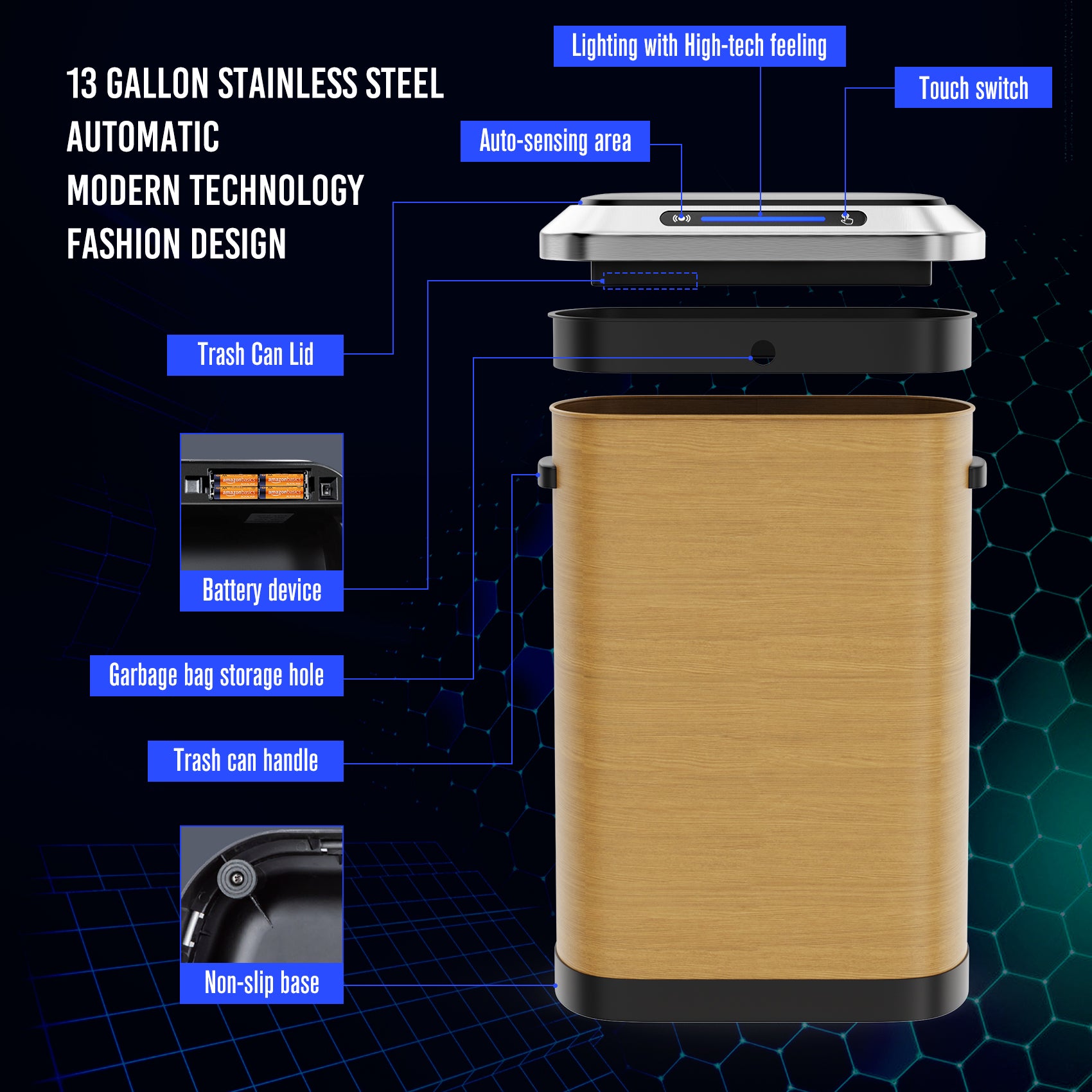 50L Smart Automatic Trash Cans Full Intelligent Sensor Wood Wood Steel