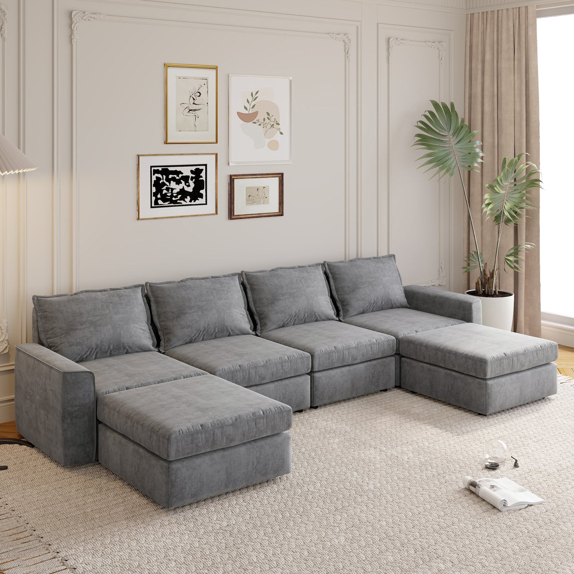 115*58" Chenille Modular Sectional Sofa,U Shaped Reversible Couch,Free Combination,6 Seat Sleeper Sofa Bed With Ottoman,Convertible Oversized Indoor Furniture For Living Room,Gray Gray Chenille 6 Seat