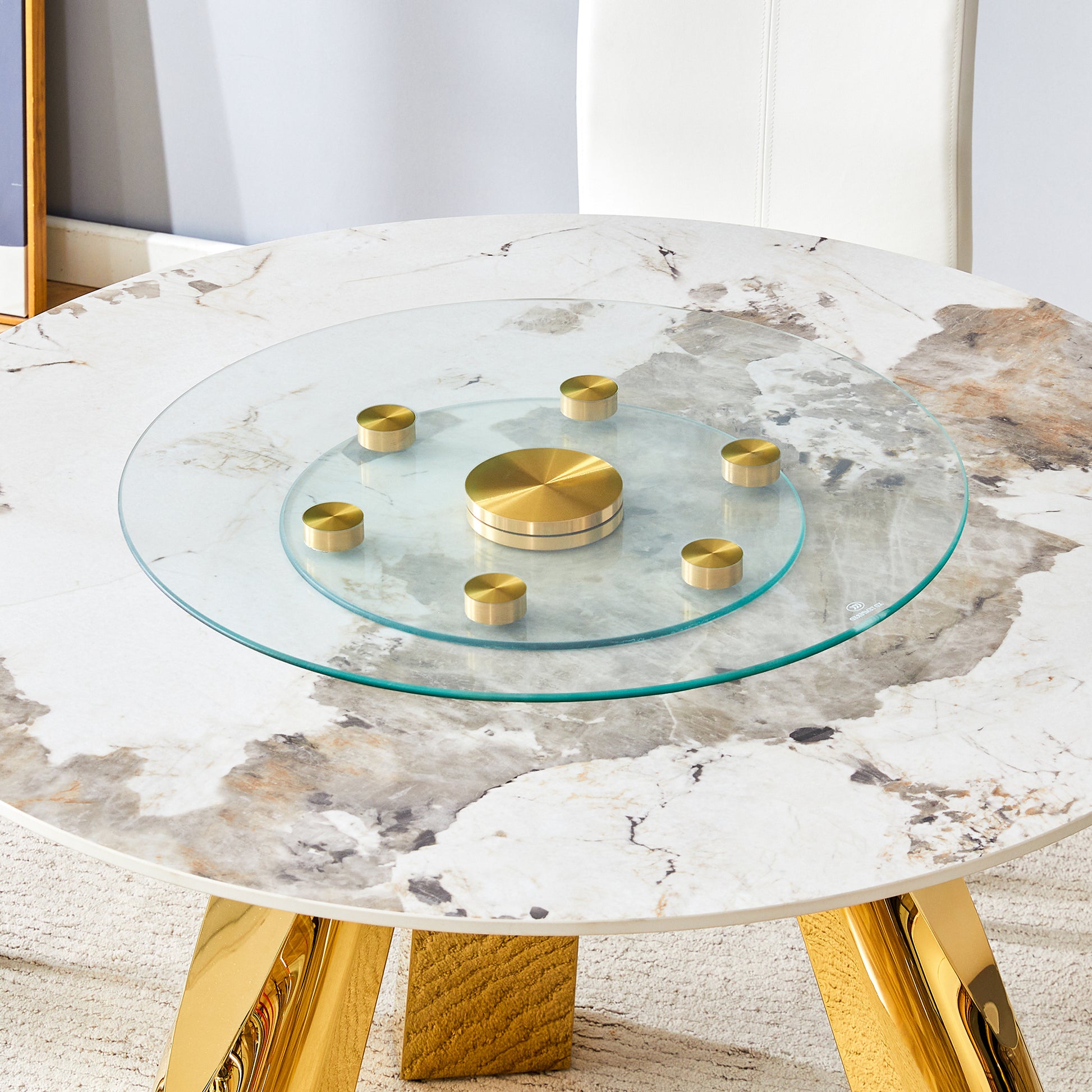 Double Layer Rotatable Round Glass.Golden Aluminum Plate,The Rotatable Design Makes It Convenient To Retrieve And Place Items.The Upper Glass Has A Diameter Of 24 Inches, The Lower Glass15 Inches.