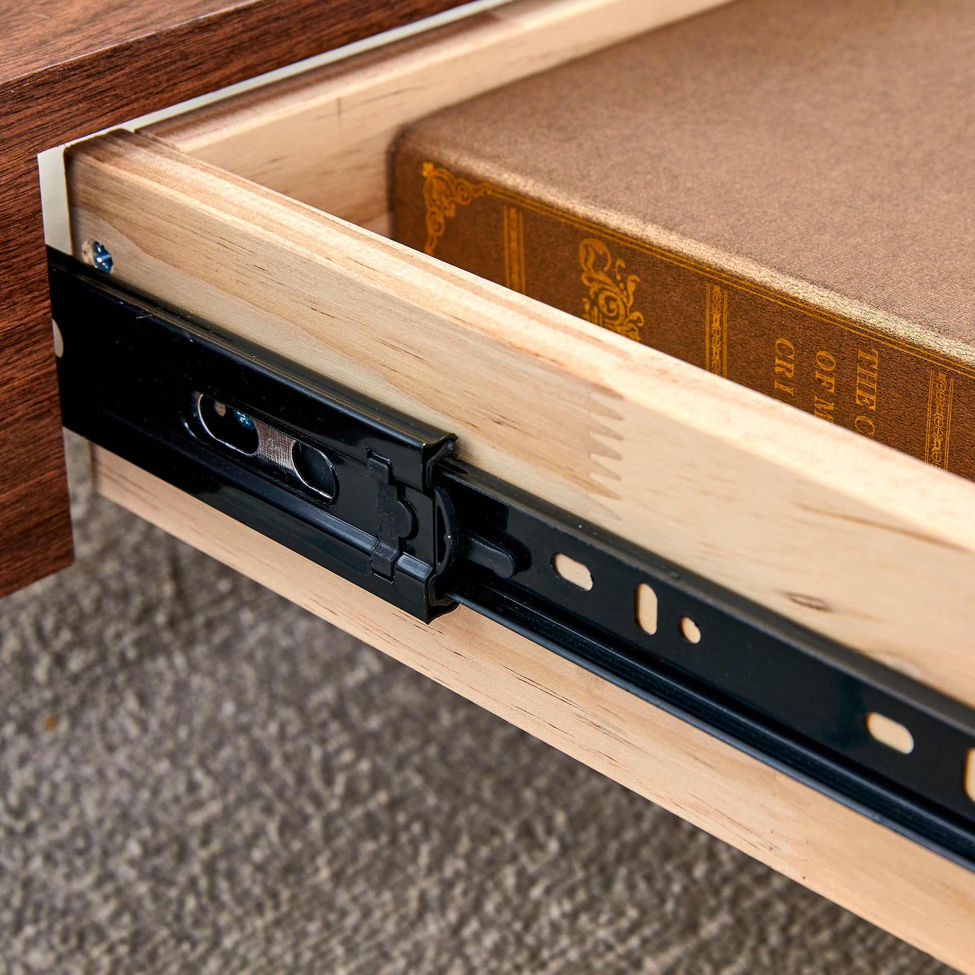 43.3 Inch Modern Two Tier Coffee Table Clear Tempered Glass And Dark Wood Grain, Multifunctional Storage Design.The Bottom Tier Includes A Drawer.Can Be Used As A Coffee Table,Side Table,Etc.