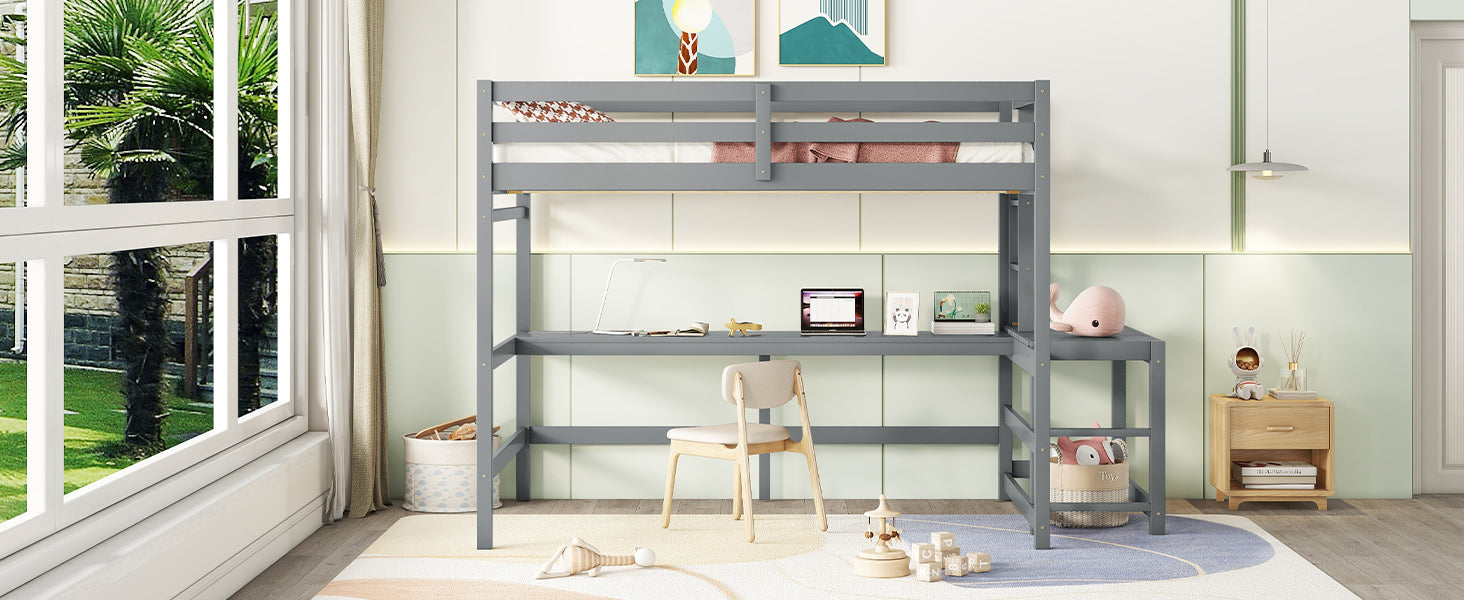 Full Loft Bed With Built In Desk, Ladder Platform, Ladders, Guardrails,Grey Full Grey Bedroom American Design Pine