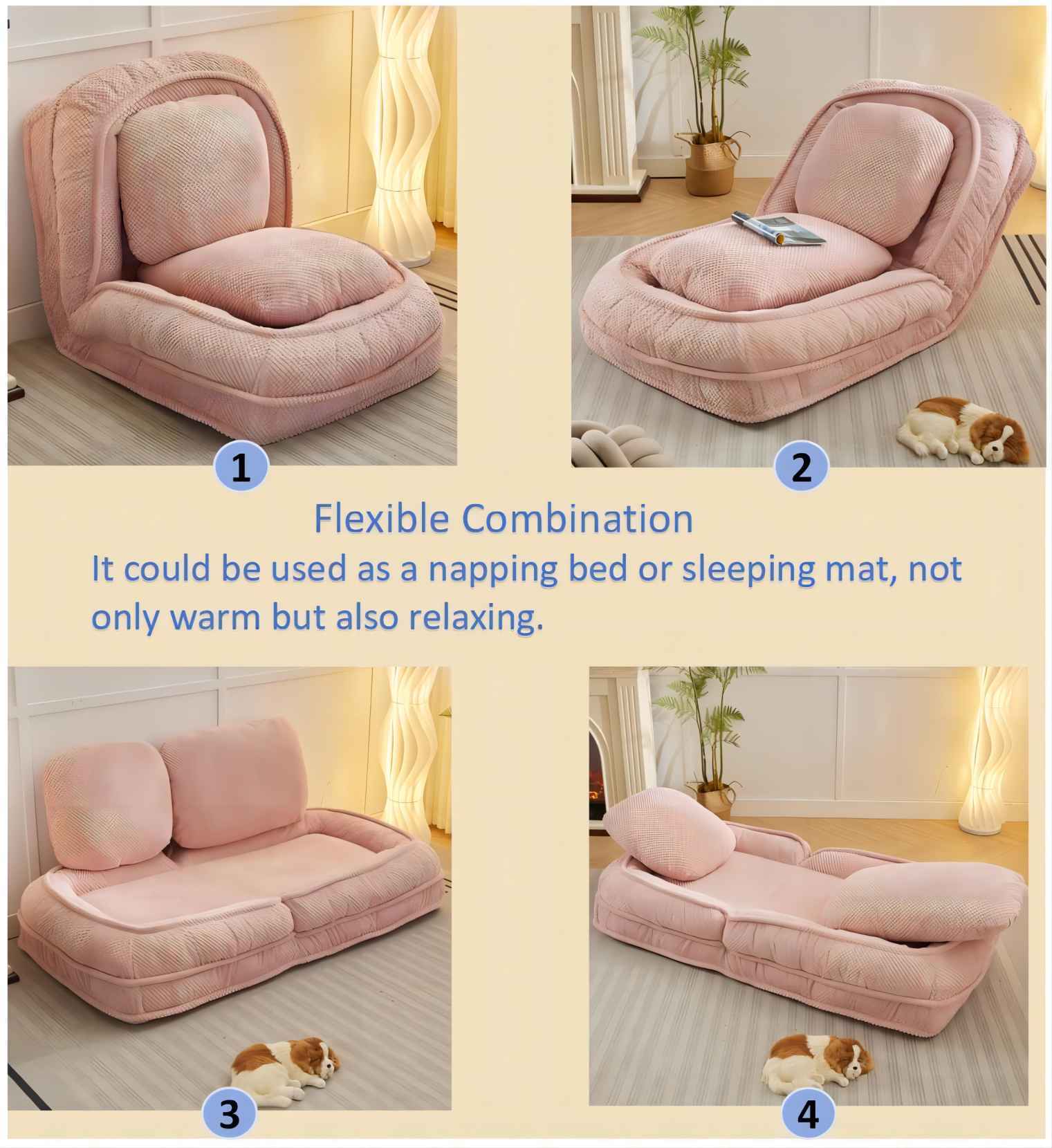 Human Dog Bed ,Lazy Sofa Couch ,5 Adjustable Position,Sit,Sleep,Fold,Suit To Put In Bedroom, Living Room ,Space Saving Design ,Pink Pink Polyester Metal Primary Living Space Medium Soft Cushion Back Modern Foam Polyester