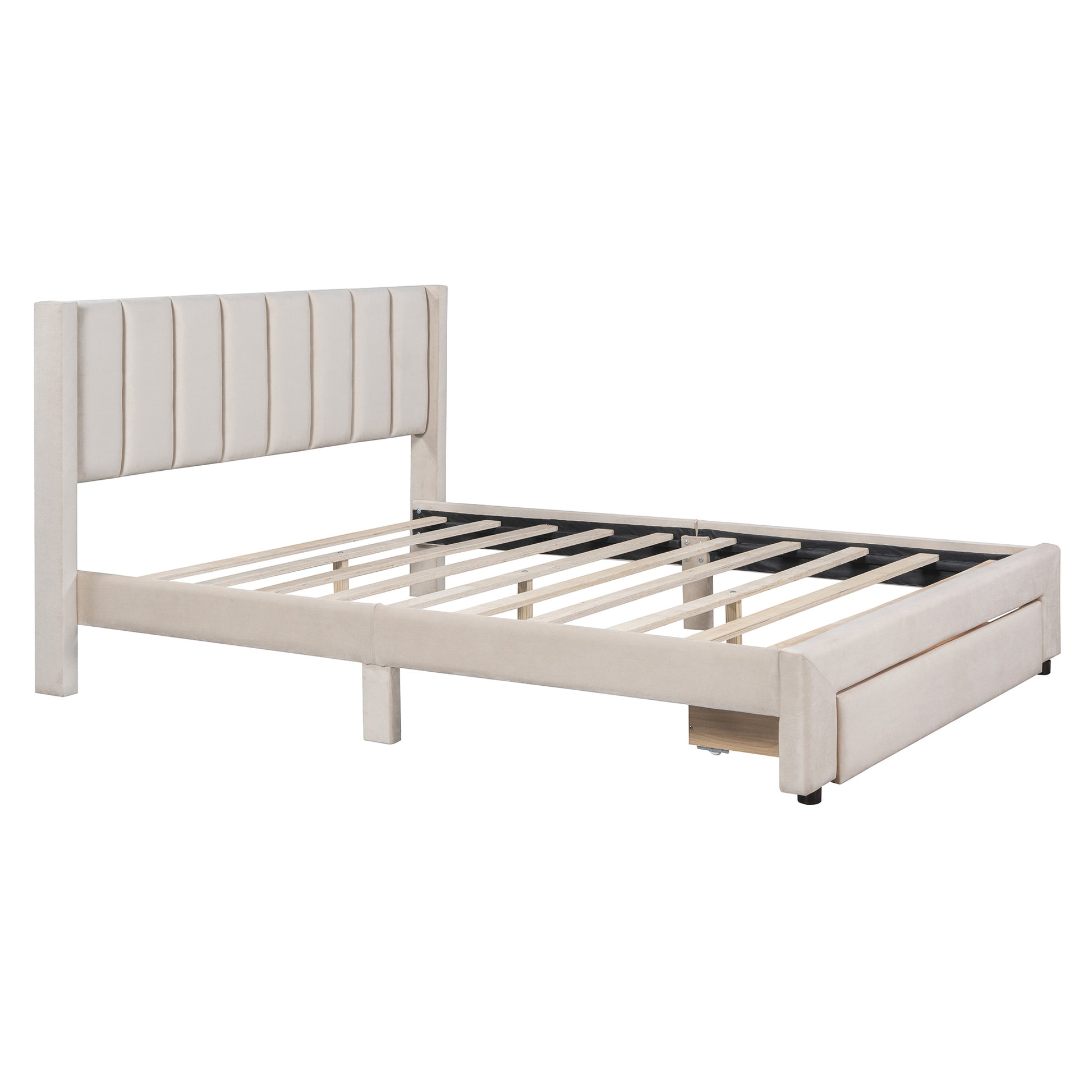 Queen Size Storage Bed Velvet Upholstered Platform Bed With A Big Drawer Beige Old Sku:Wf296854Aaa Queen Beige Velvet