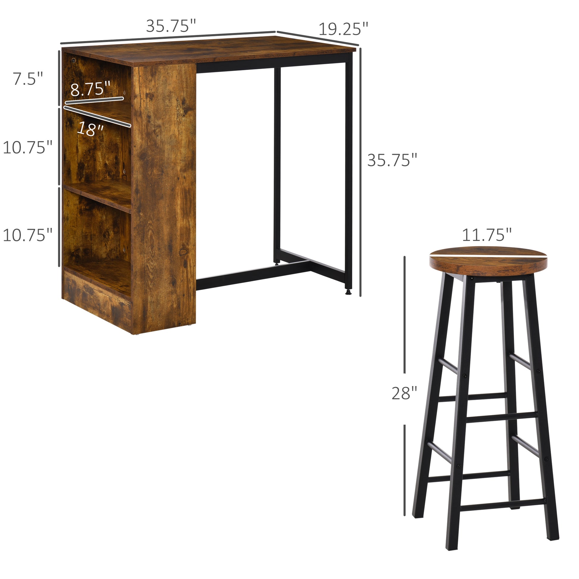 Homcom 3 Piece Industrial Dining Table Set, Counter Height Bar Table & Stools Set With Storage Shelf, Rustic Brown Rustic Brown Particle Board