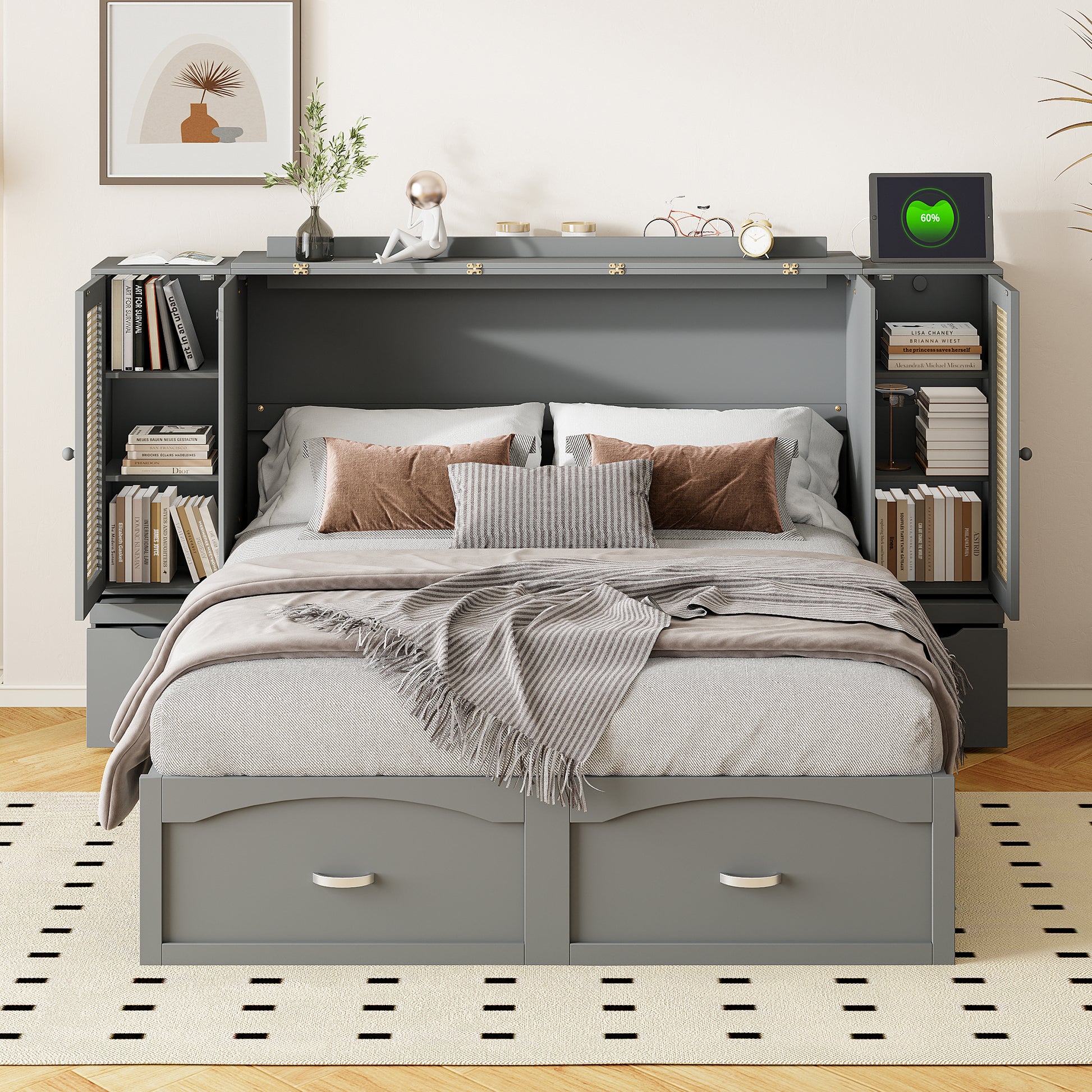 Full Size Murphy Bed Wall Bed With Drawer And Rattan Decoration With 2 Storage Cabinets, One Set Of Sockets & Usb Ports, Pulley Structure Design, Gray Full Gray Plywood