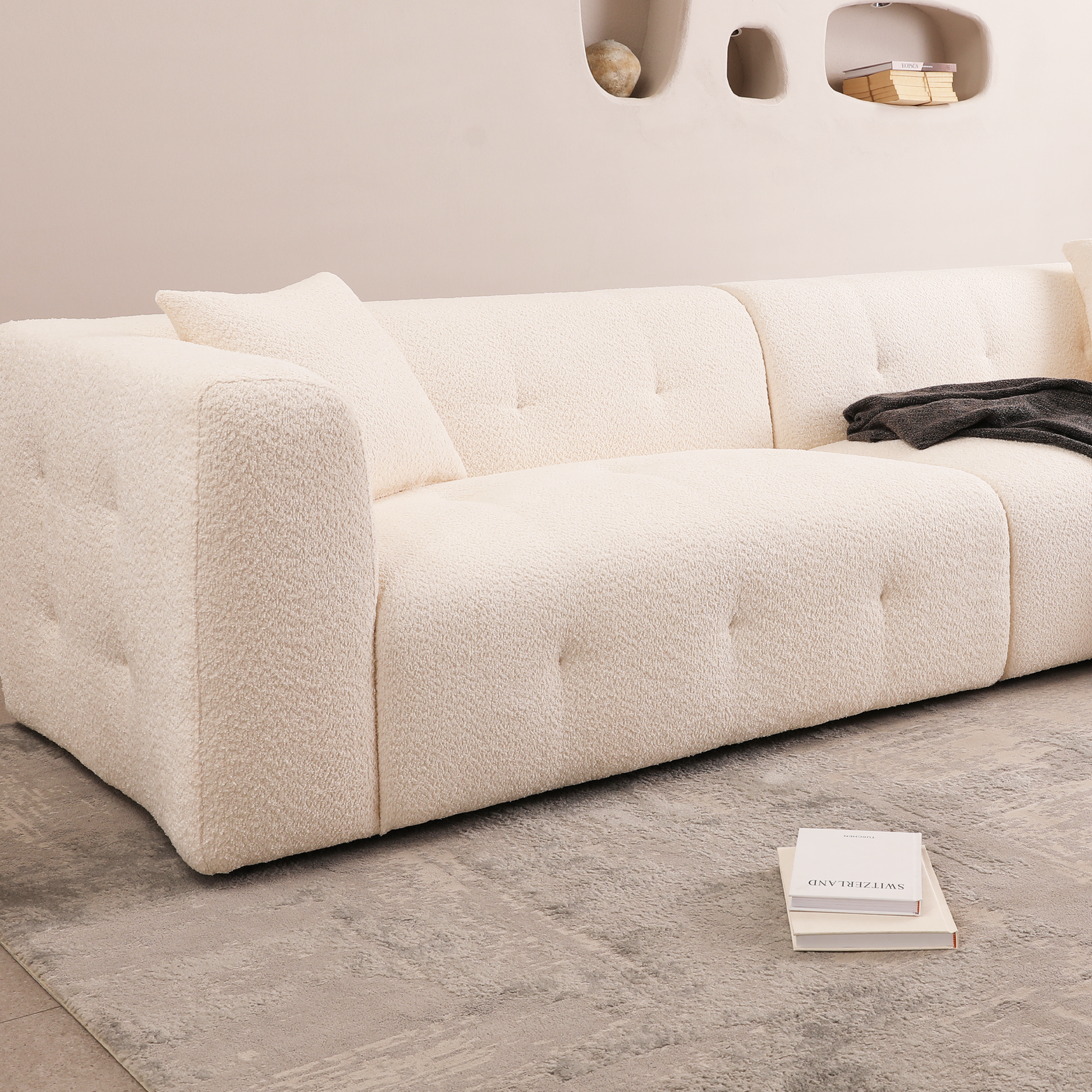 2297 Beige Sofa, Stylish And Simple Square Design, Square Arm, Handrailing Thick And Full, Put Living Room, Office, Conference Room Beige Fabric 3 Seat