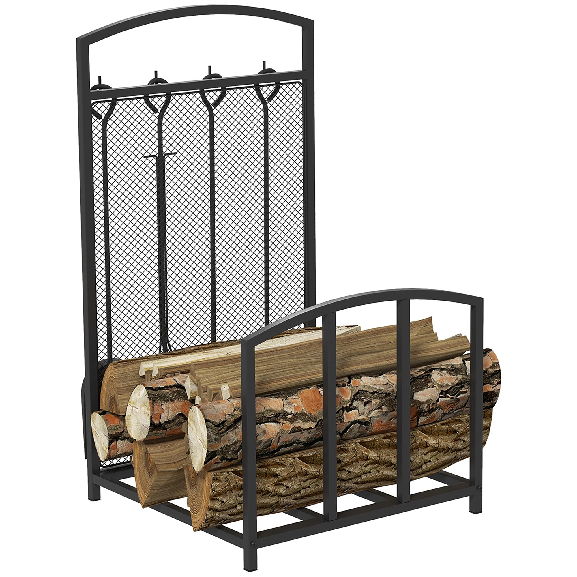 Homcom Firewood Rack With Fireplace Tools, Indoor Outdoor Firewood Holder For Fireplace, Wood Stove, Hearth Or Fire Pit, Wood Storage Log Rack Includes Poker, Tongs, Broom, Shovel, Black Black Iron