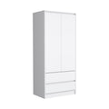 Armoire, Wardrobe Closet With Two Drawers,Hanging Rod, White White Solid Wood Mdf Engineered Wood