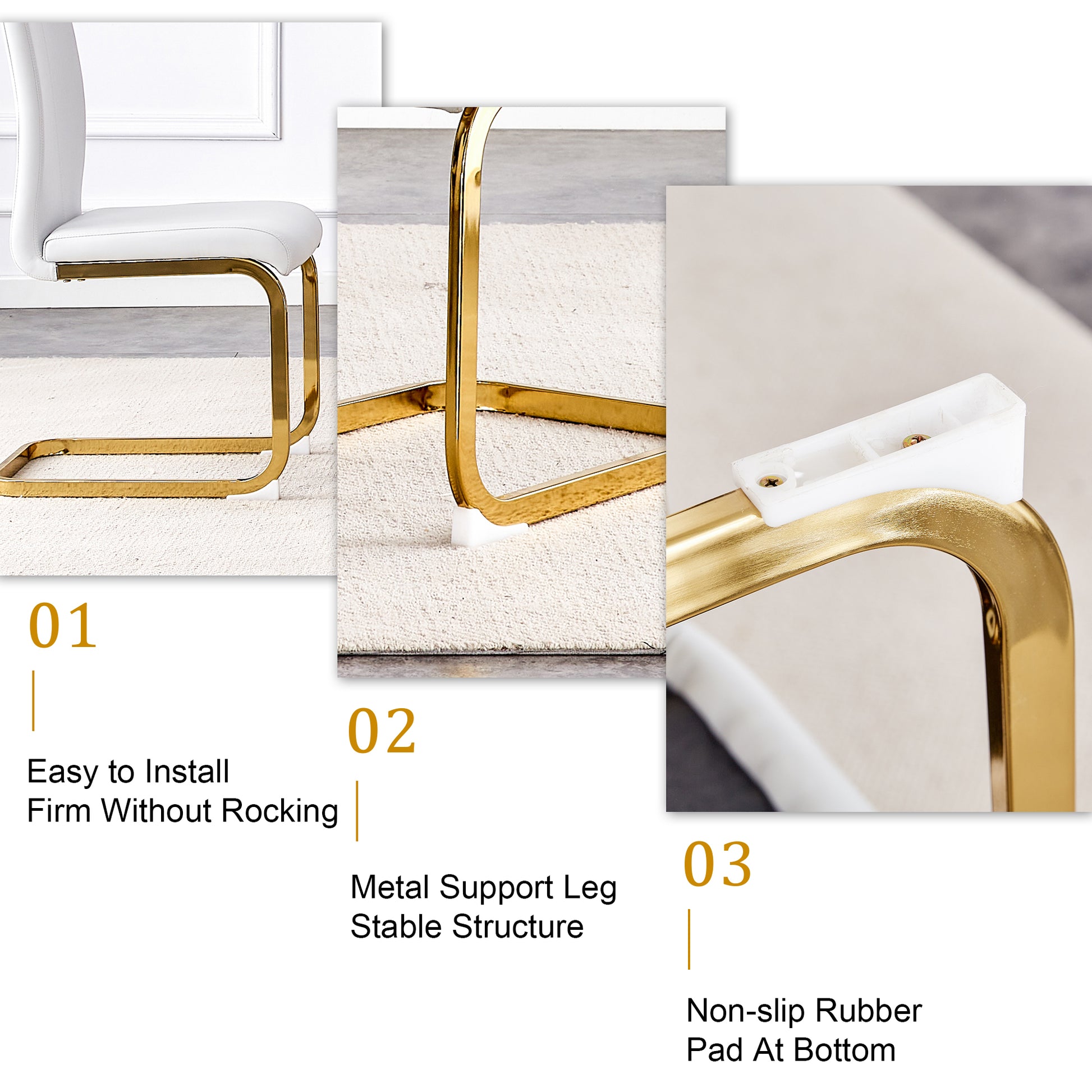 Table And Chair Set, Rock Plate Table Top, Gold Metal Table Legs, Stable And Beautiful, Suitable For Most Home Styles. Modern Simple Dining Table, Comfortable Seating. White Gold Seats 6 Sintered Stone