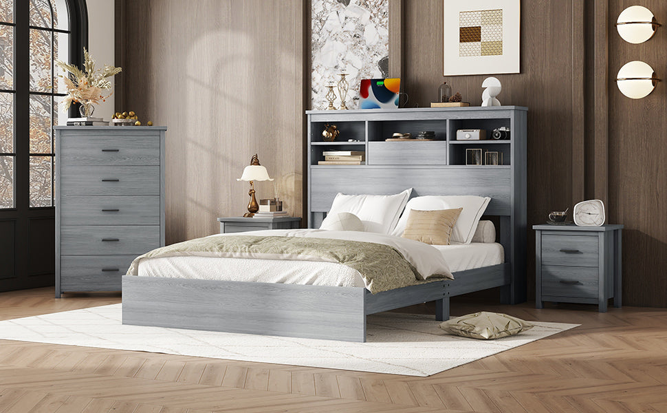 4 Pieces Bedroom Sets Queen Size Vintage Wooden Bed Frame With 2 Nightstands And 1 Dresser,Light Gray Box Spring Not Required Queen Light Gray 4 Piece Set American Traditional Solid Wood Mdf