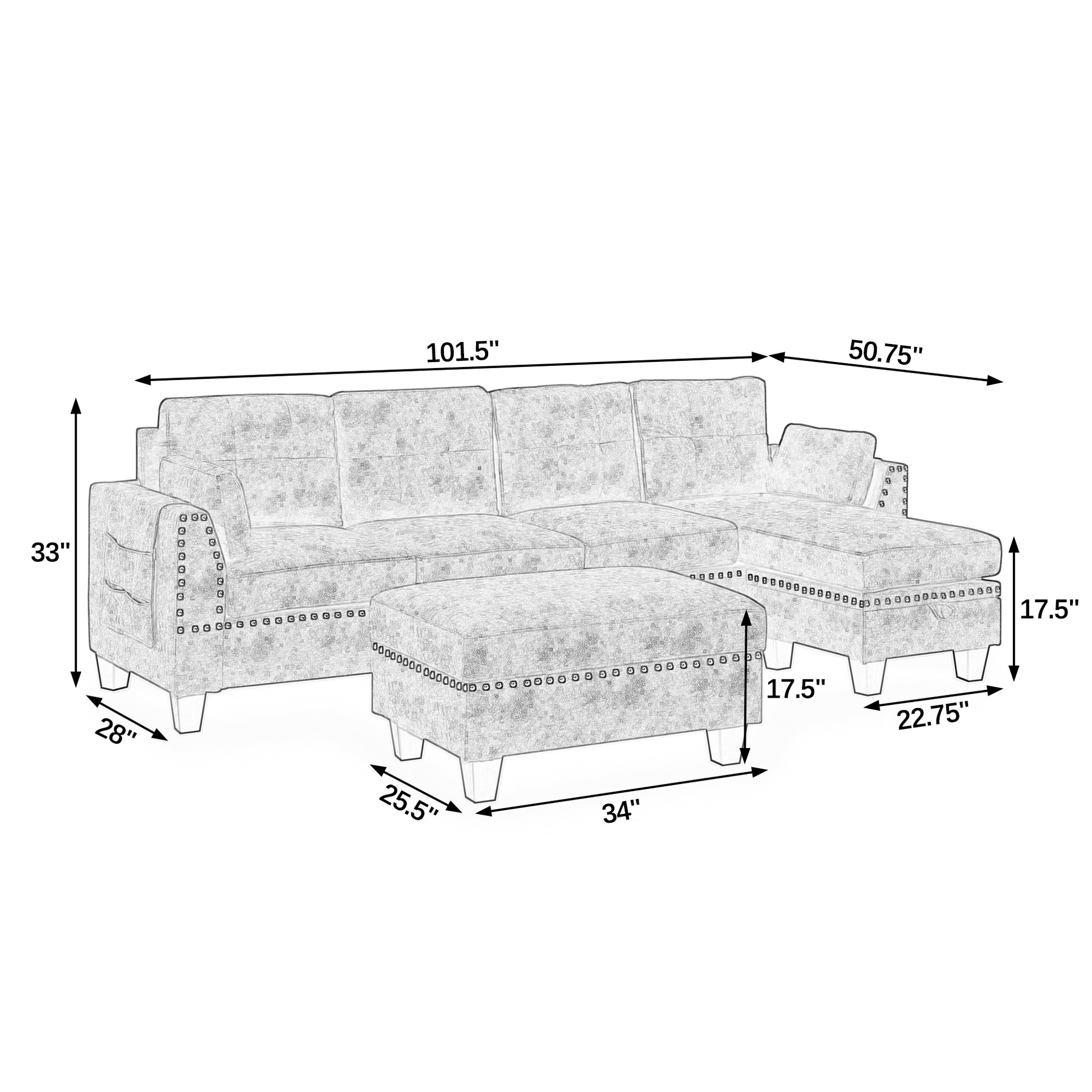 Sectional 3 Seaters Sofa ,Double Sided Multi Functional Footstool, Storage Matnon Slip Leg, Two Pillows, Velvet,Beige Beige Velvet 3 Seat