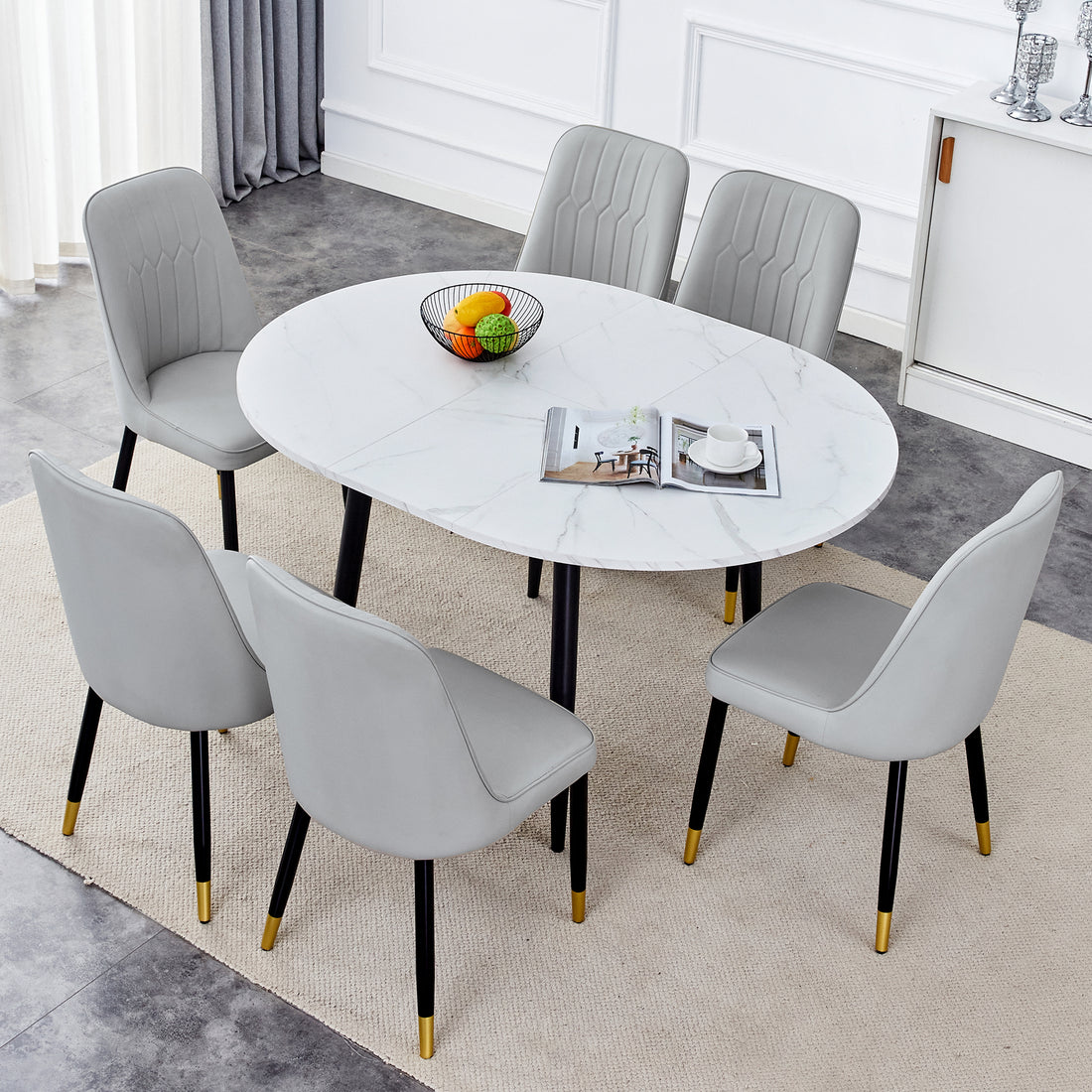 Table And Chair Set.Modern Extendable Mdf Dining Table.The Table Has A Telescopic Design, Suitable For Gatherings Of Different Size.Paired With 6 Light Gray Chairs With Pu Cushions And Metal Legs. Light Gray,White Seats 6 Mdf Metal