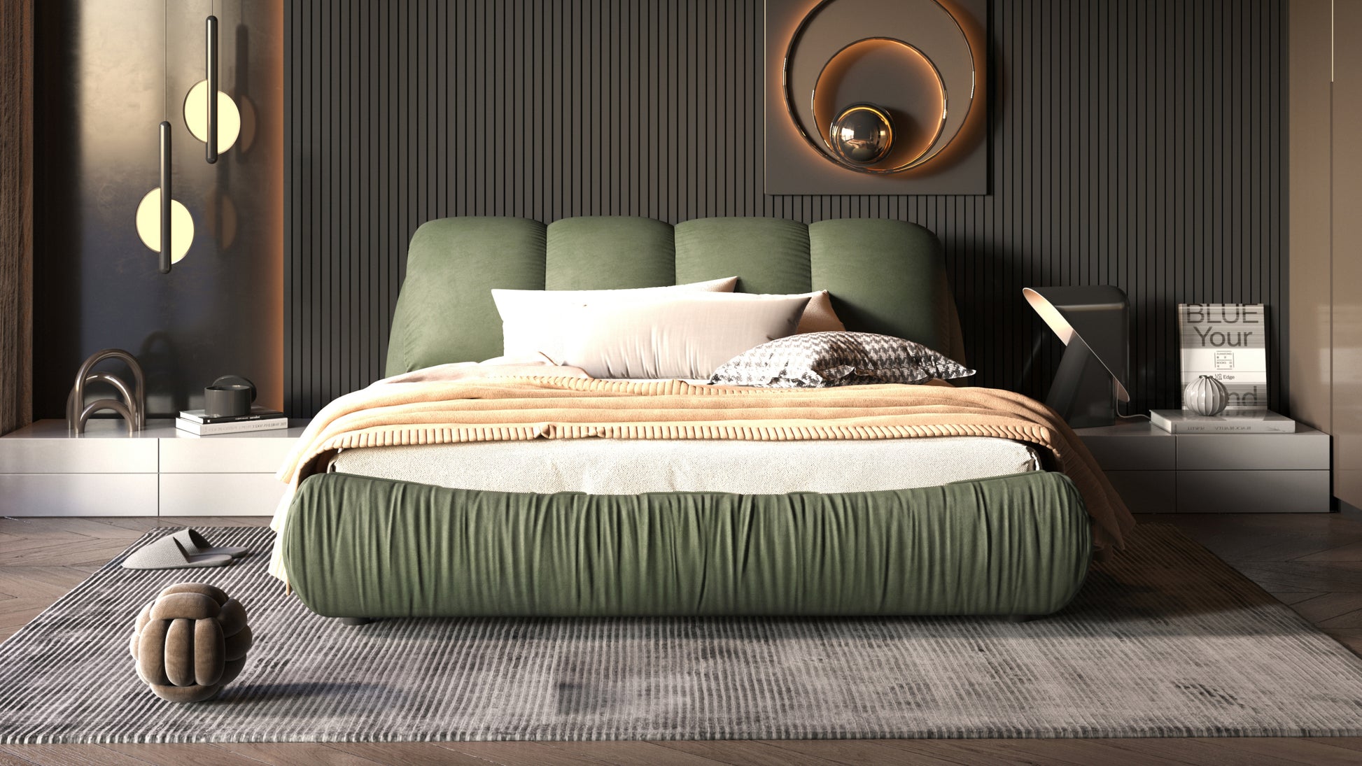 Queen Size Upholstered Platform Bed With Oversized Padded Backrest, Thickening Pinewooden Slats And Solid Wood Leg,Green Box Spring Not Required Queen Green Wood Pine Polyester Solid Wood