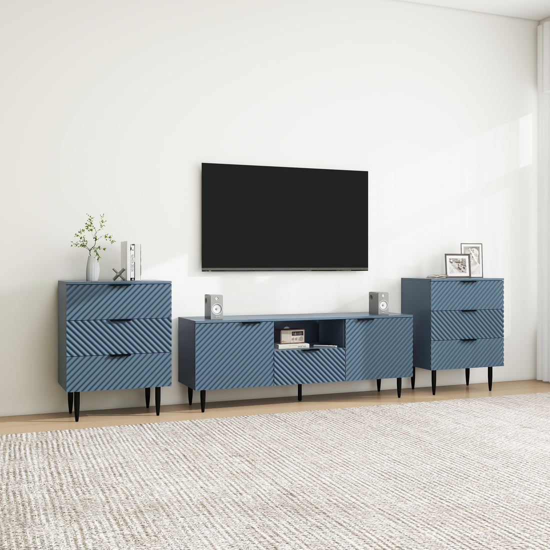 Tv Stand With Solid Ion Feet, Tv Console Table For Living Room, Bedroom Blue Particle Board