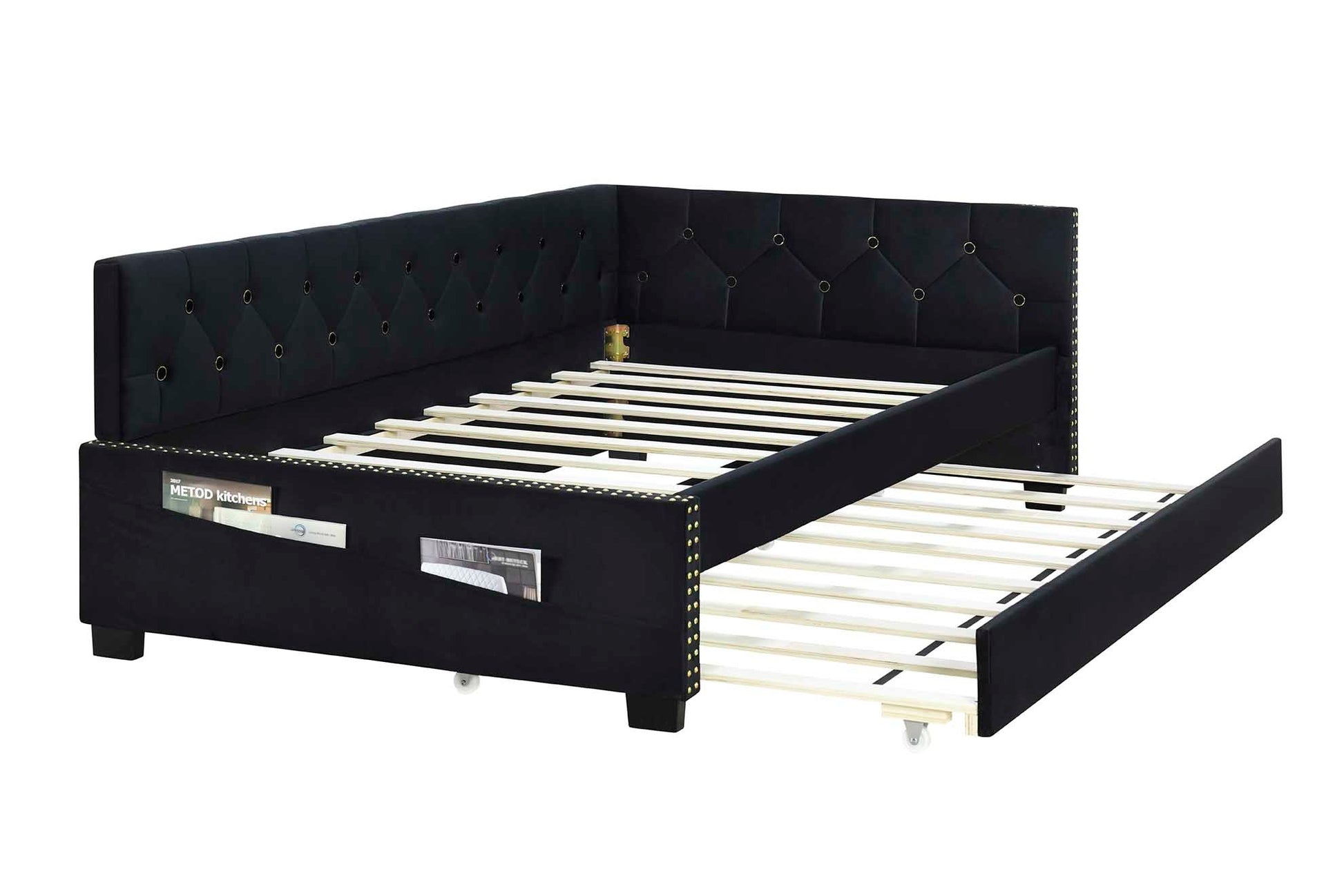 Black Upholstered Twin Size Daybed Bed Frame Corner Bed With Trundle, Velvet Fabric, Studding Design, No Box Spring Required, Fits Any Style Box Spring Not Required Twin Black Wood Espresso Bedroom Artsy,Retro,Vintage Rubberwood Fiber Foam And Polyester