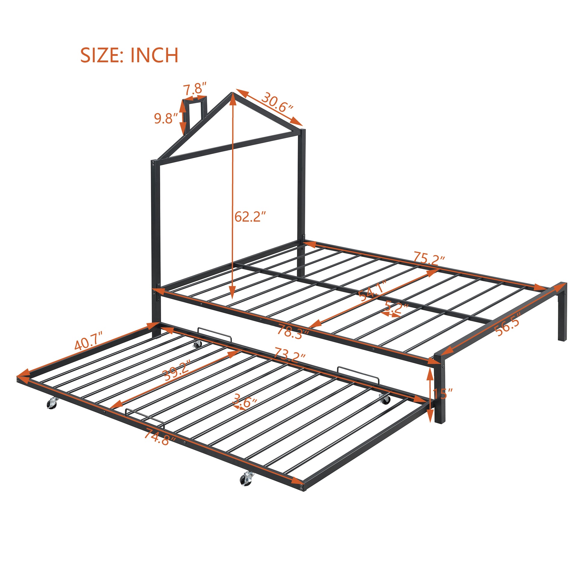 Full Size Metal Platform Bed With Twin Size Trundle,House Shaped Headboard Design, Black Full Black Metal