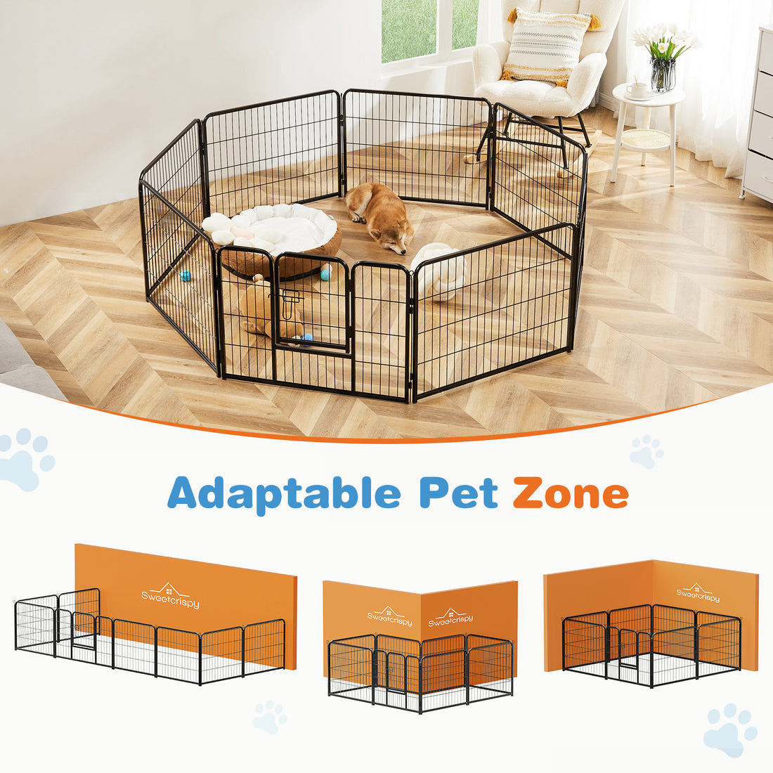 Dog Playpen Indoor With Door, Fence For Small Pet Animals, Puppy Cage With Gate For Yard Outdoor, 8 Panel 24 Inch Tall, Black Black Iron