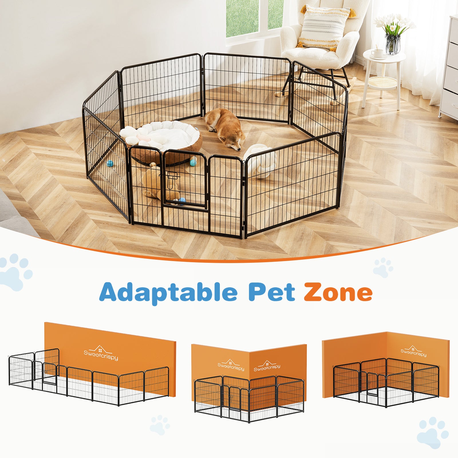 Dog Playpen Indoor With Door, Fence For Small Pet Animals, Puppy Cage With Gate For Yard Outdoor, 8 Panel 24 Inch Tall, Black Black Iron