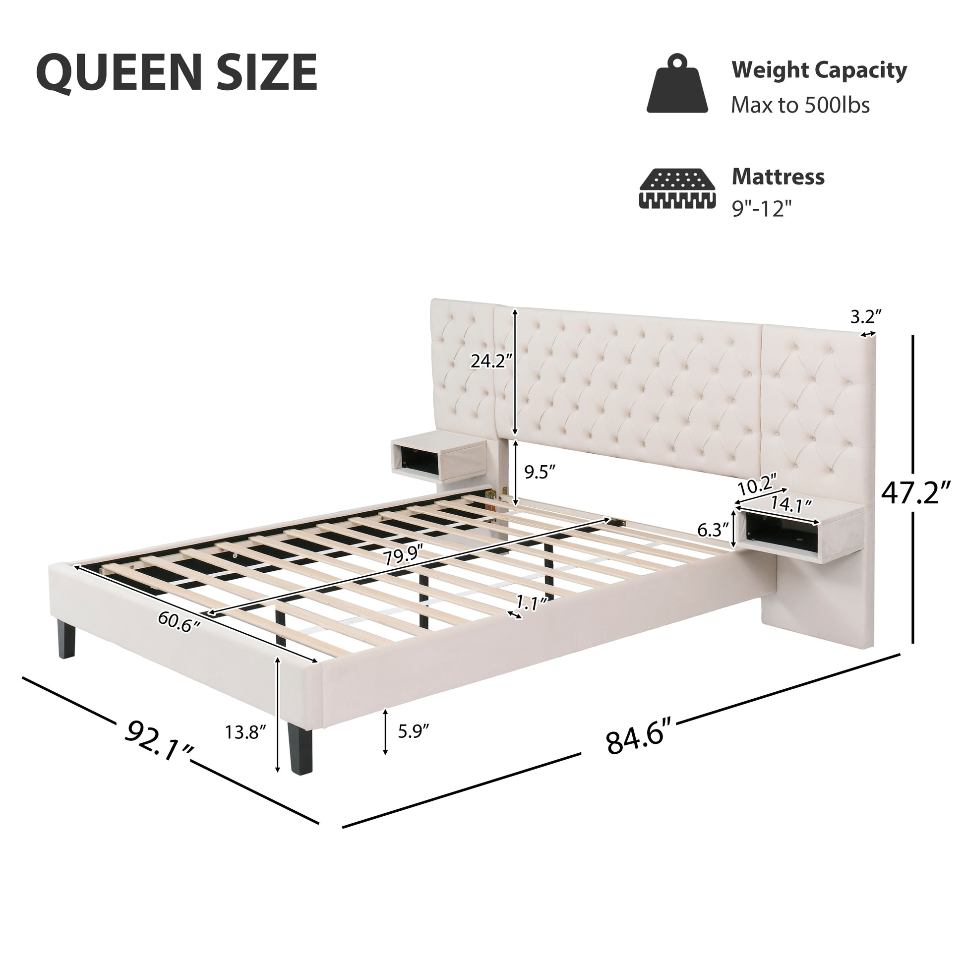 Queen Size Platform Bed With Headboard, Modern Velvet Upholstered Platform Bed With 2 Nightstands, With Diamond Tufted, Beige Box Spring Not Required Queen Beige Wood Velvet
