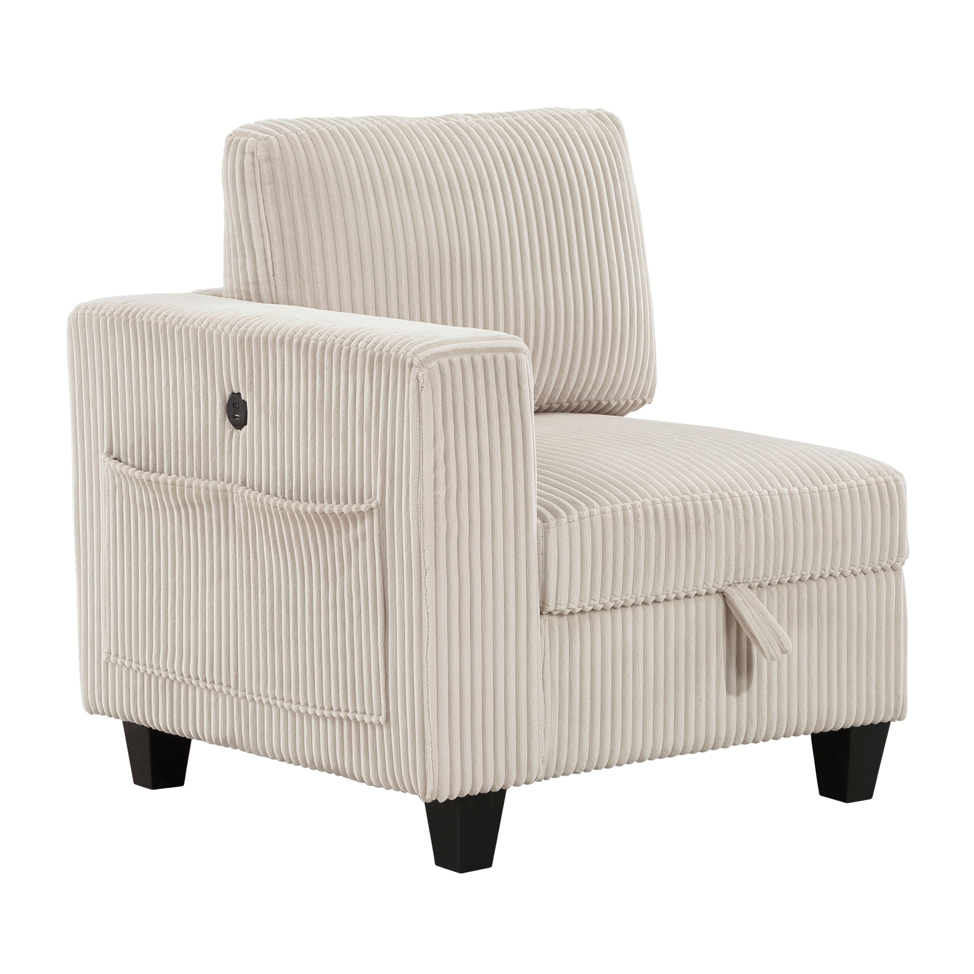 Modern Living Room Furniture 1Pc Beige Chair With One Arm, Storage Pouch And Charging Ports Corduroy Fabric Upholstery Beige Primary Living Space Contemporary,Modern Solid Wood