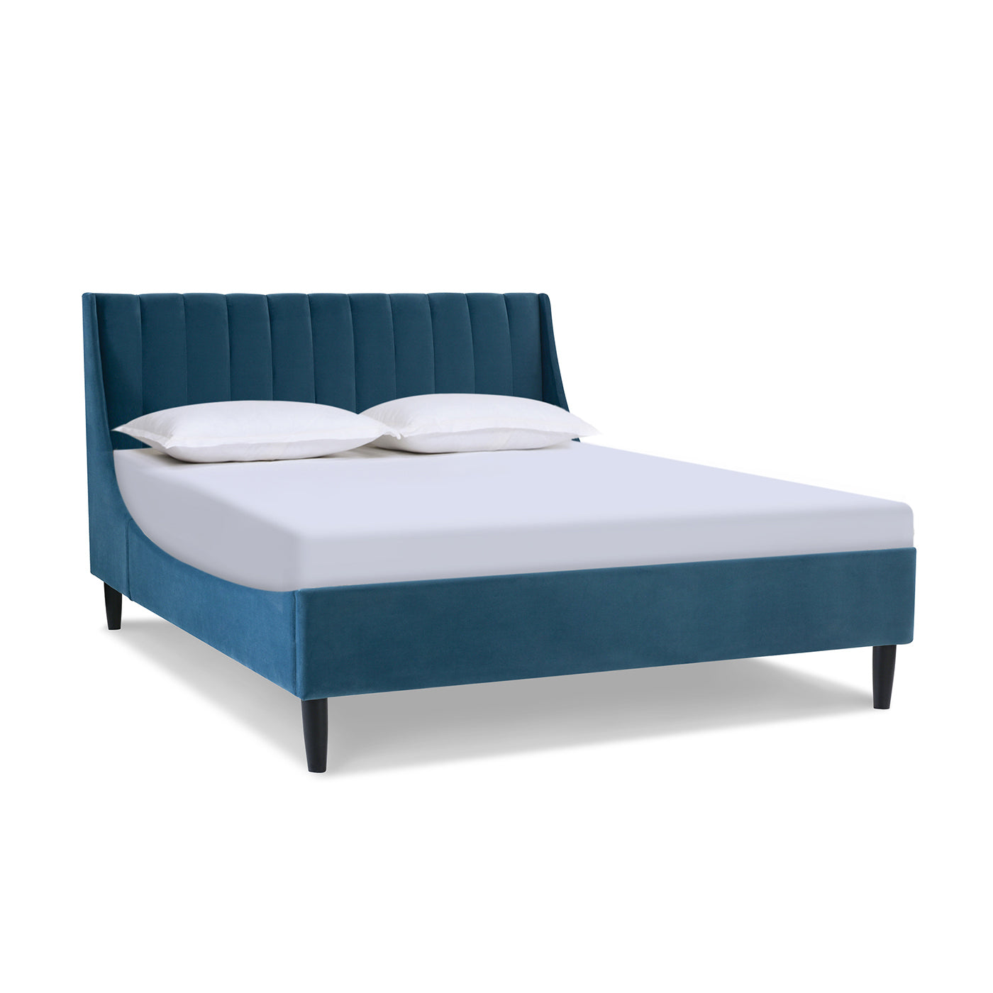 Aspen Vertical Tufted Modern Headboard Platform Bed Set, Queen, Satin Teal Blue Velvet Box Spring Not Required Queen Blue Wood Foam Velvet Velvet