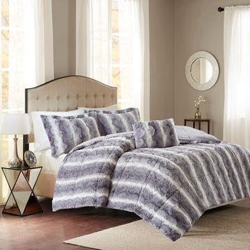 4Pc Faux Fur Comforter Set King Grey Polyester