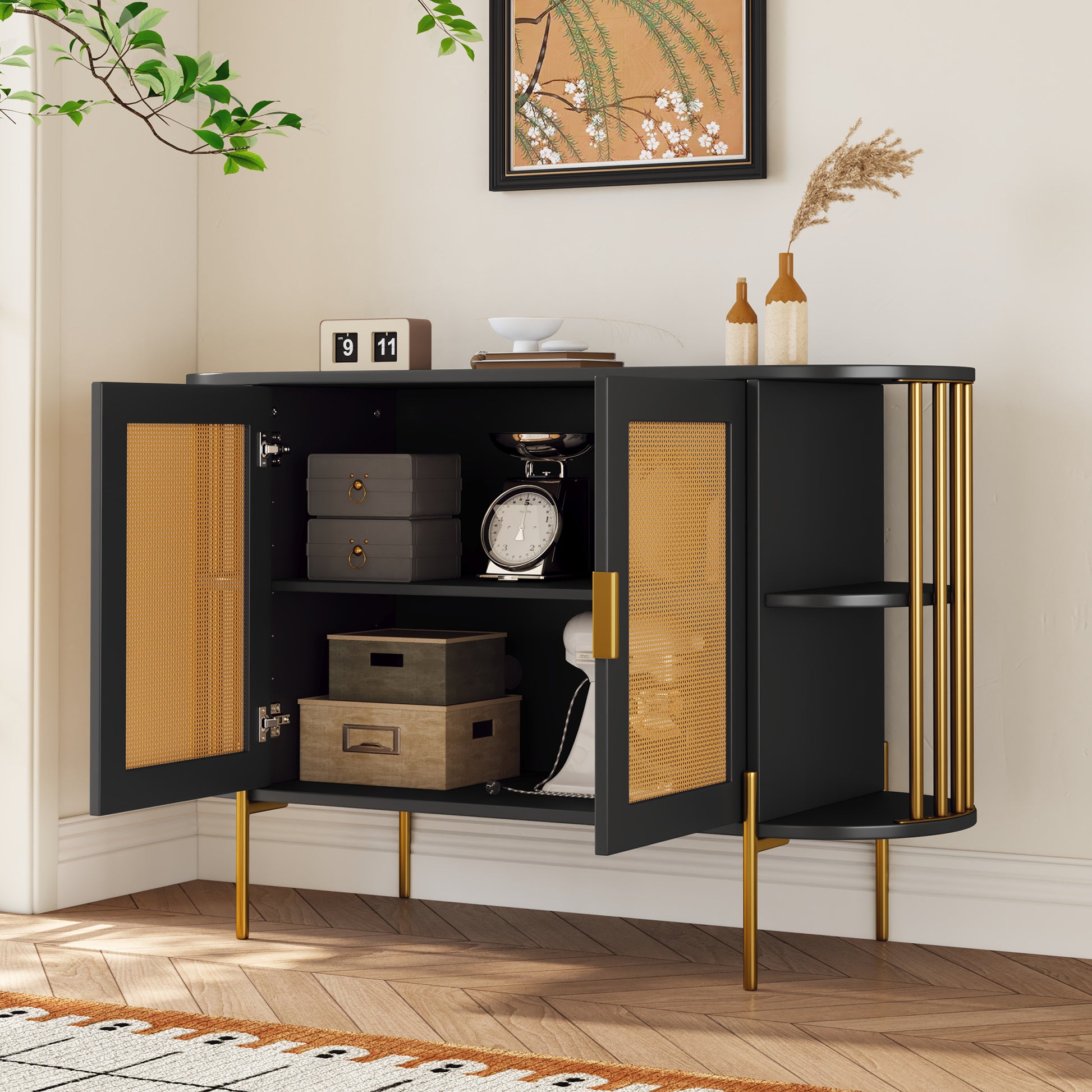 2 Door Elegant Curved Dining Cabinet With Gold Trim And Woven Rattan Doors For Dining Room Black Black Particle Board