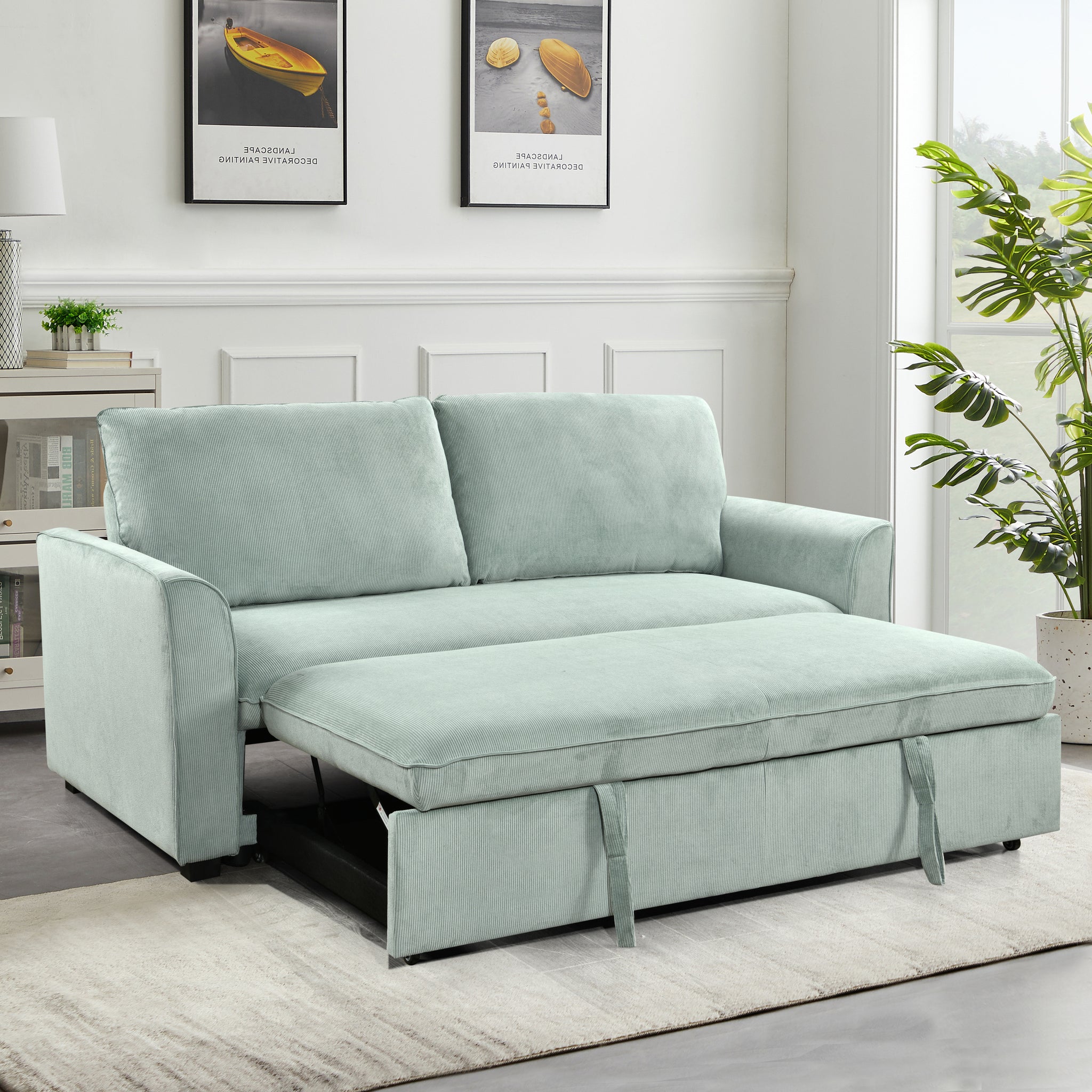 78 Inch 3 In 1 Convertible Sleeper Sofa Bed, Modern Fabric Loveseat Futon Sofa Couch W Pullout Bed, Small Beautiful Seat Lounge Sofa W Reclining Backrest, Furniture For Living Room, Light Green Light Brown Wood Primary Living Space Heavy Duty Eucalyptus