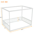 Full Size Canopy Frame Floor Bed With Fence, Guardrails,White Full White American Design Pine