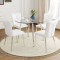 Table And Chair Set.A Modern Minimalist Round Dining Table With Transparent Tempered Glass Top And Silver Metal Legs,Paried With 4 Chairs With Pu Backrest And Seat Cushion And Silver Metal Legs. Transparent,White Seats 4 Glass Metal